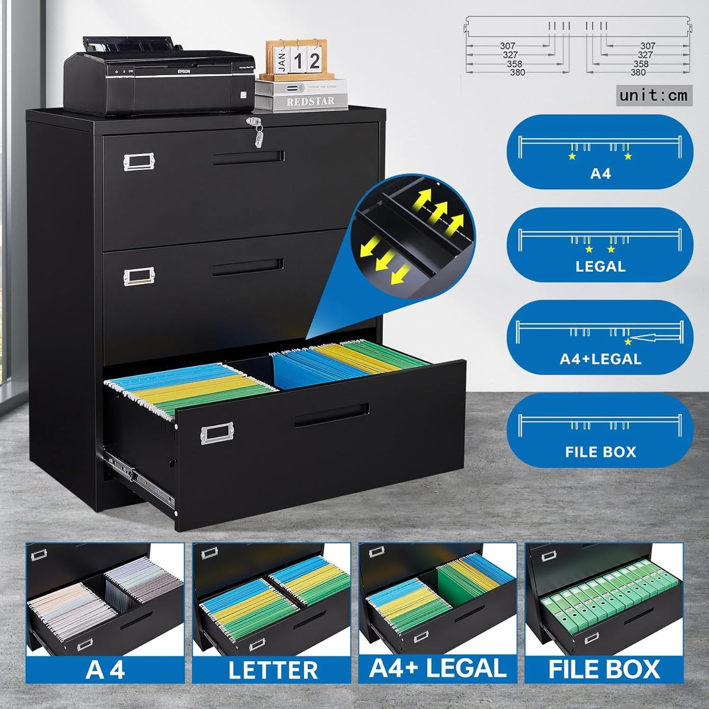Lateral File Cabinet With Lock 3 Drawer For Legal Letter A4