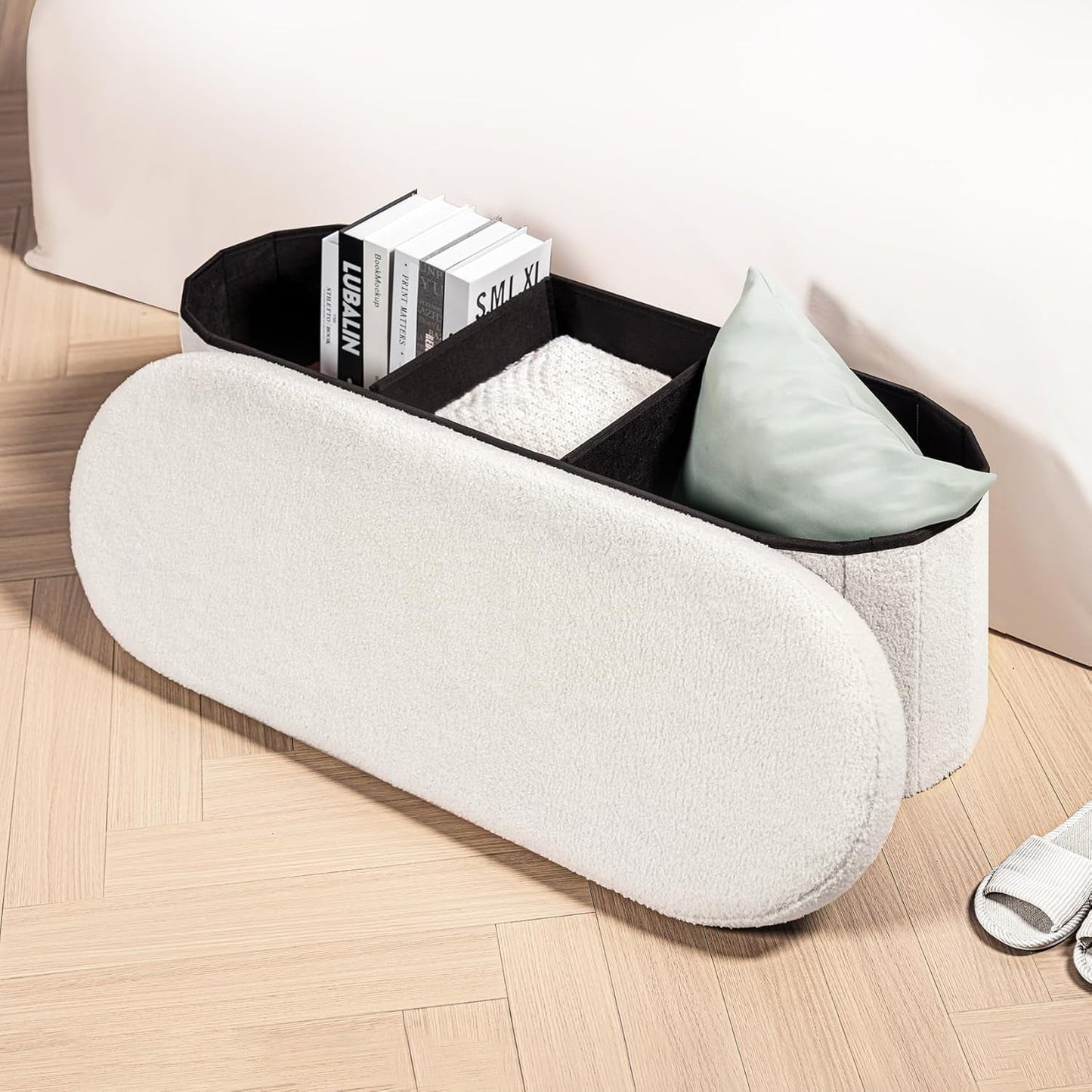 Sherpa Lined Folding Storage Ottoman 43.3 Inch White