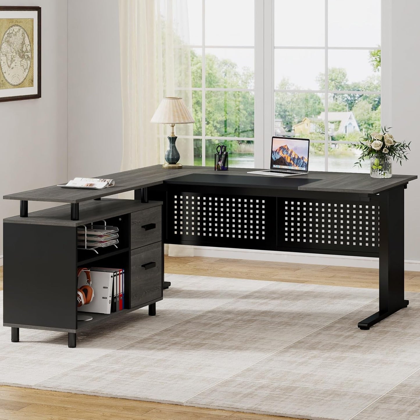 63 Inch Executive Desk With Integrated Cabinet Gray