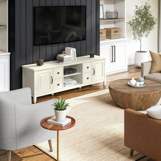 72 Inch Wide Solid Wood TV Stand Antique White With Storage