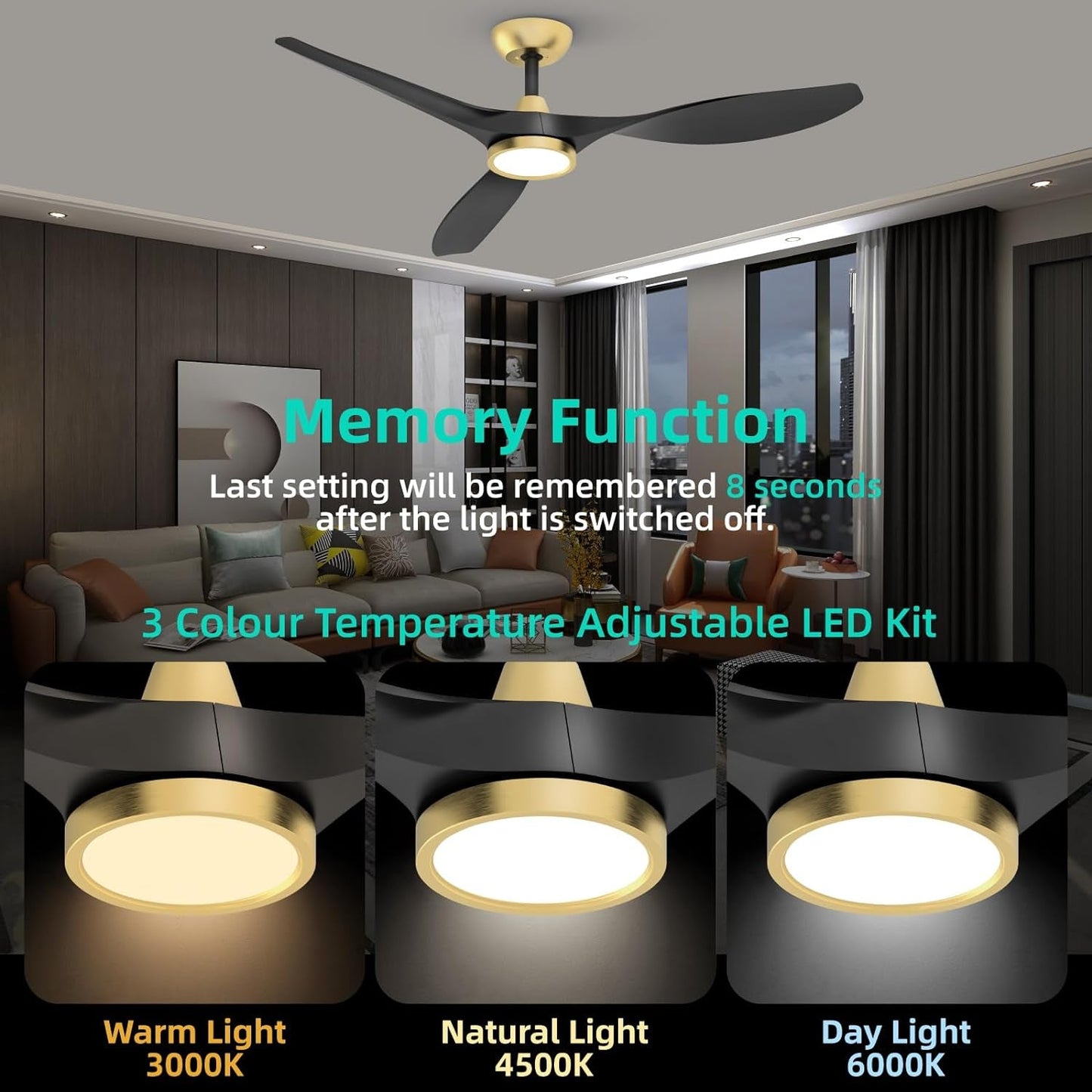52 Inch Black Gold Indoor Ceiling Fan With LED Light showcasing memory function and 3 color temperature options: warm, natural, day light.