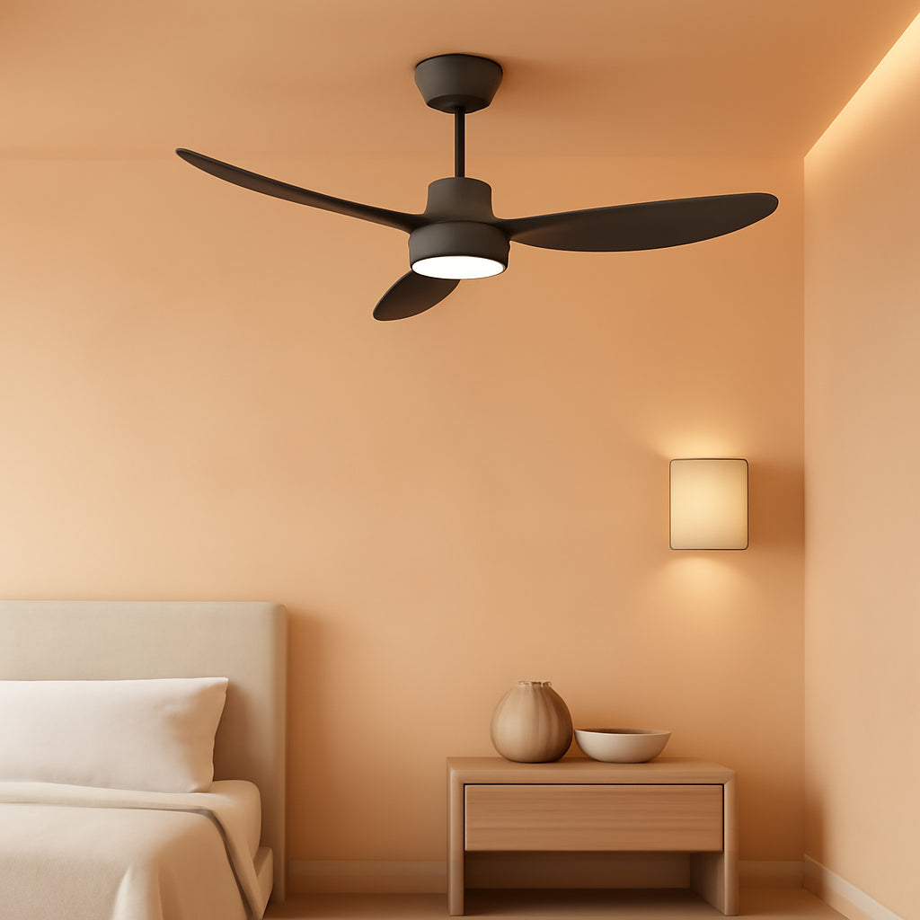 52 Inch Black Ceiling Fan With Remote And Light DC Motor in a modern bedroom setting
