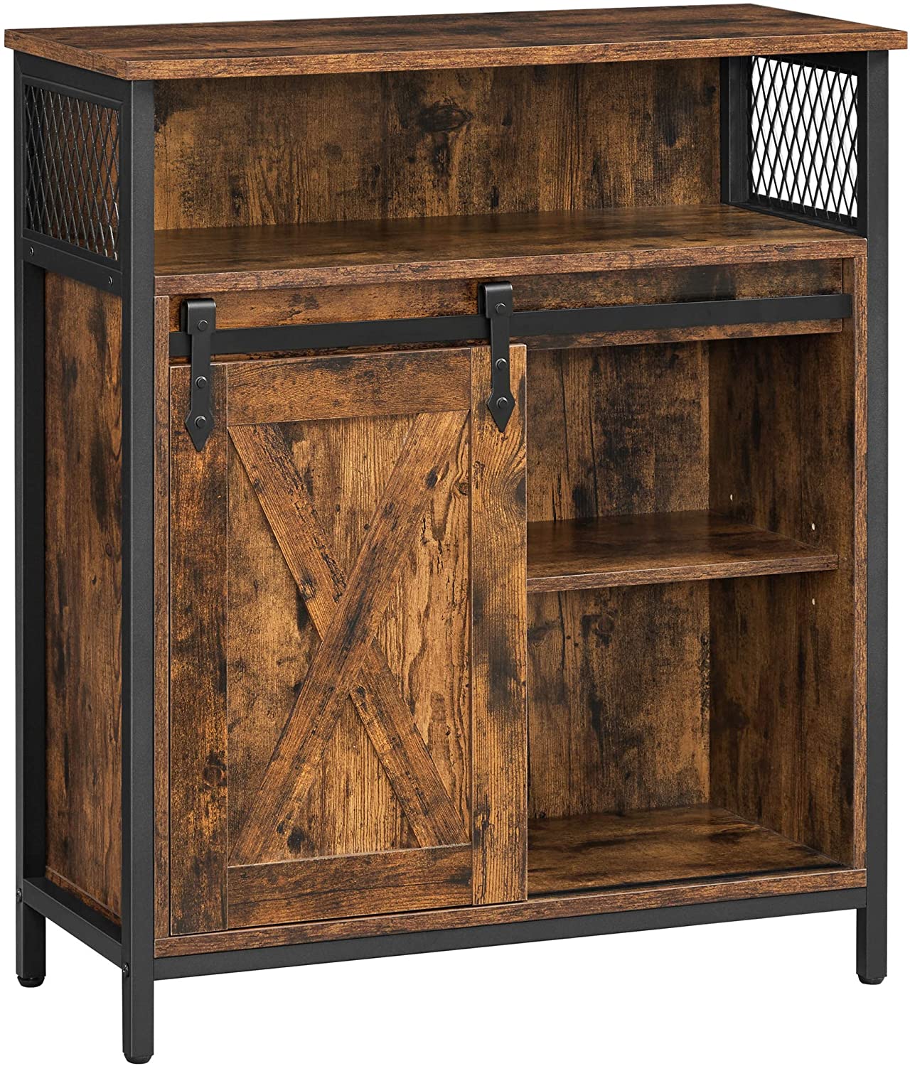 Brown Storage Cabinet with Barn Doors and Shelves