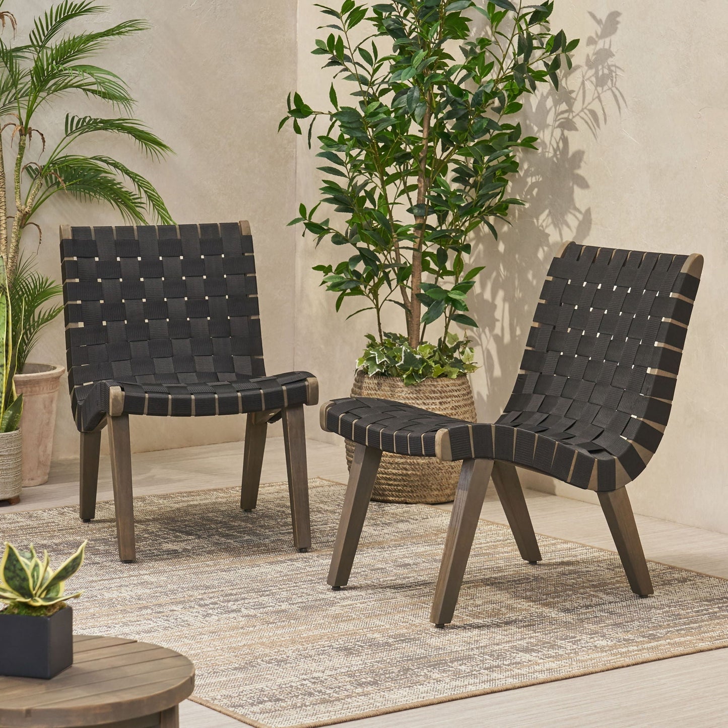 Lounge Chair With Stunning Rope Weave Design, Set of 2 - Black
