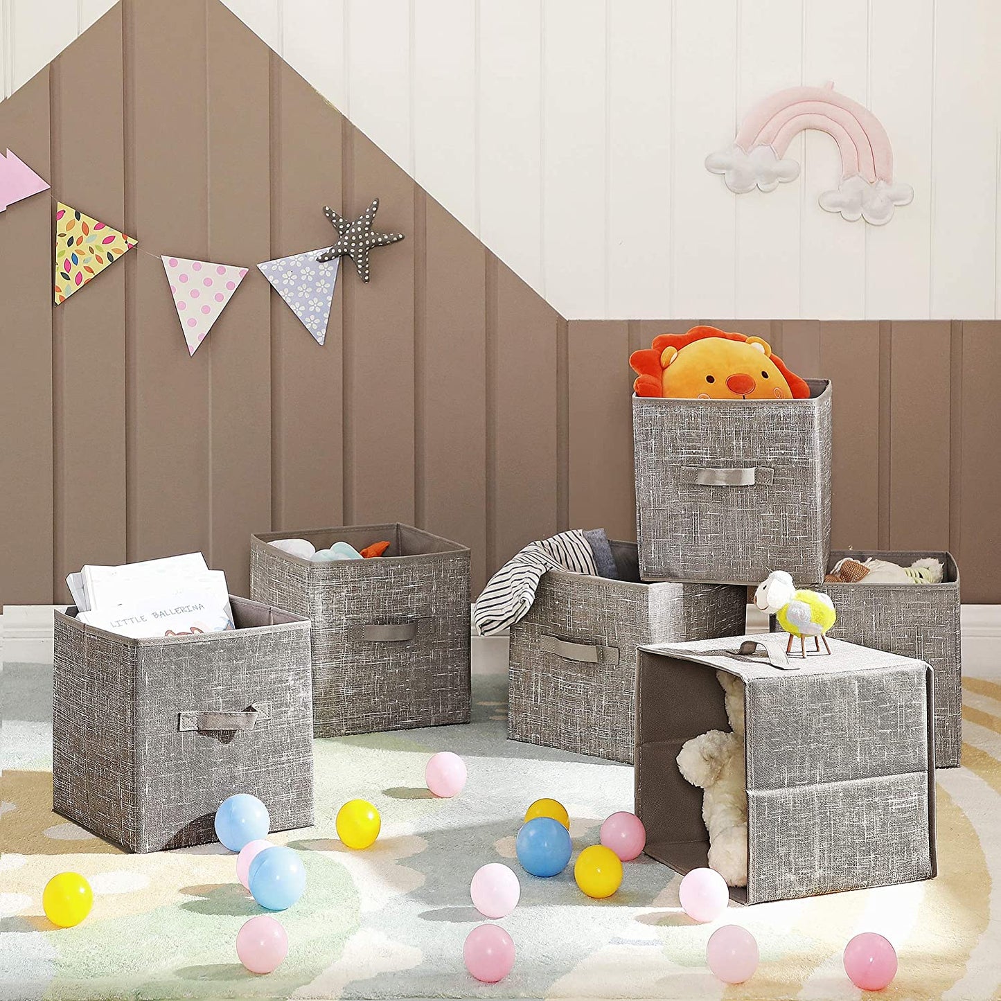 Storage Boxes, Set of 6, Non-Woven Fabric Foldable Storage Cubes, Toy Clothes Organizer Bins, Taupe