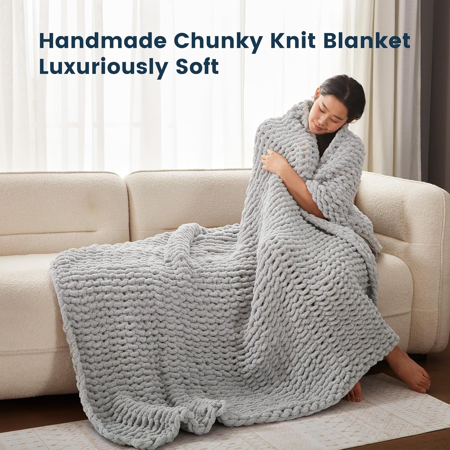 Handmade Washable Velvet Knit Throw Blanket for Couch & Bed - Gray