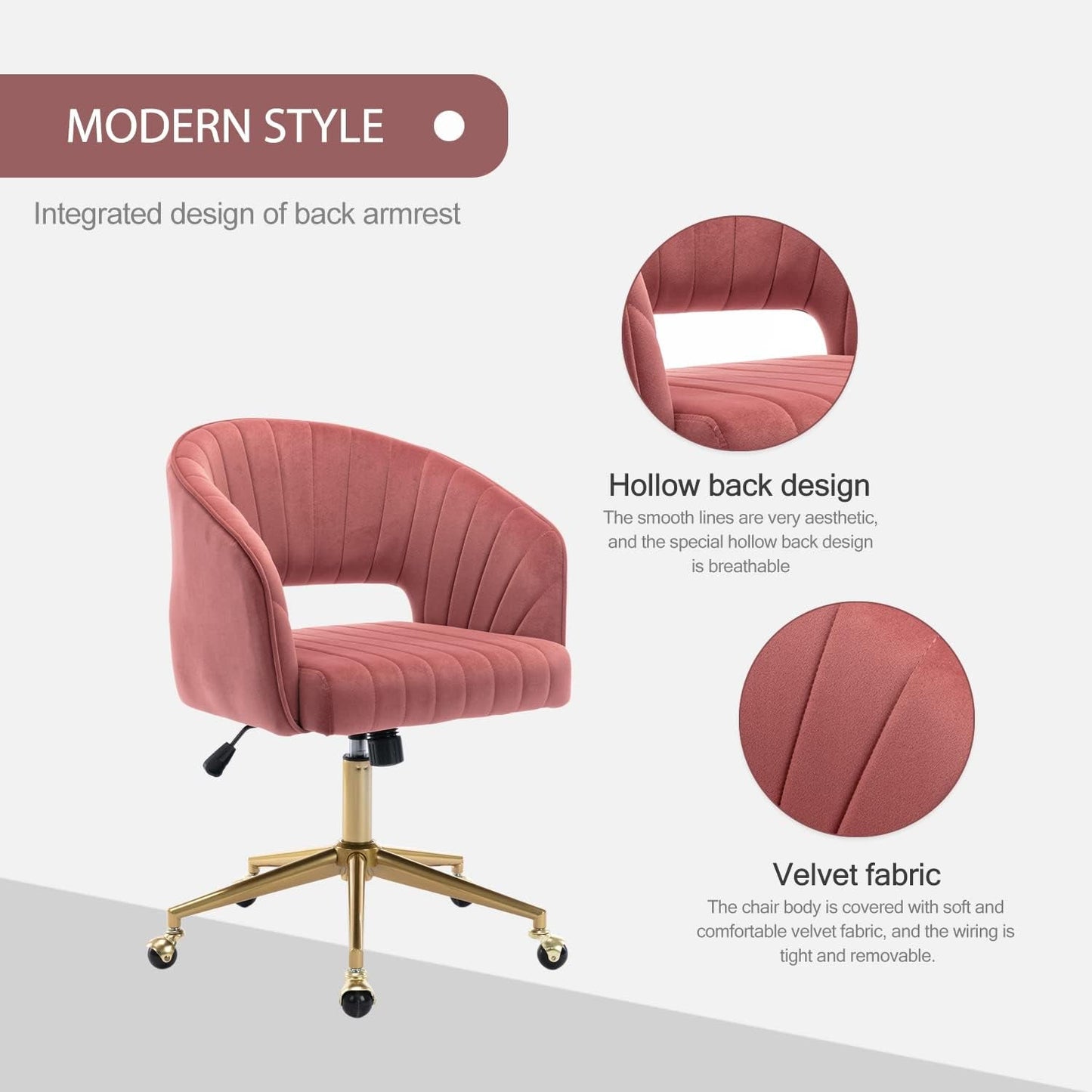 Rose Velvet Office Desk Chair With Ergonomic Design And Swivel Wheels