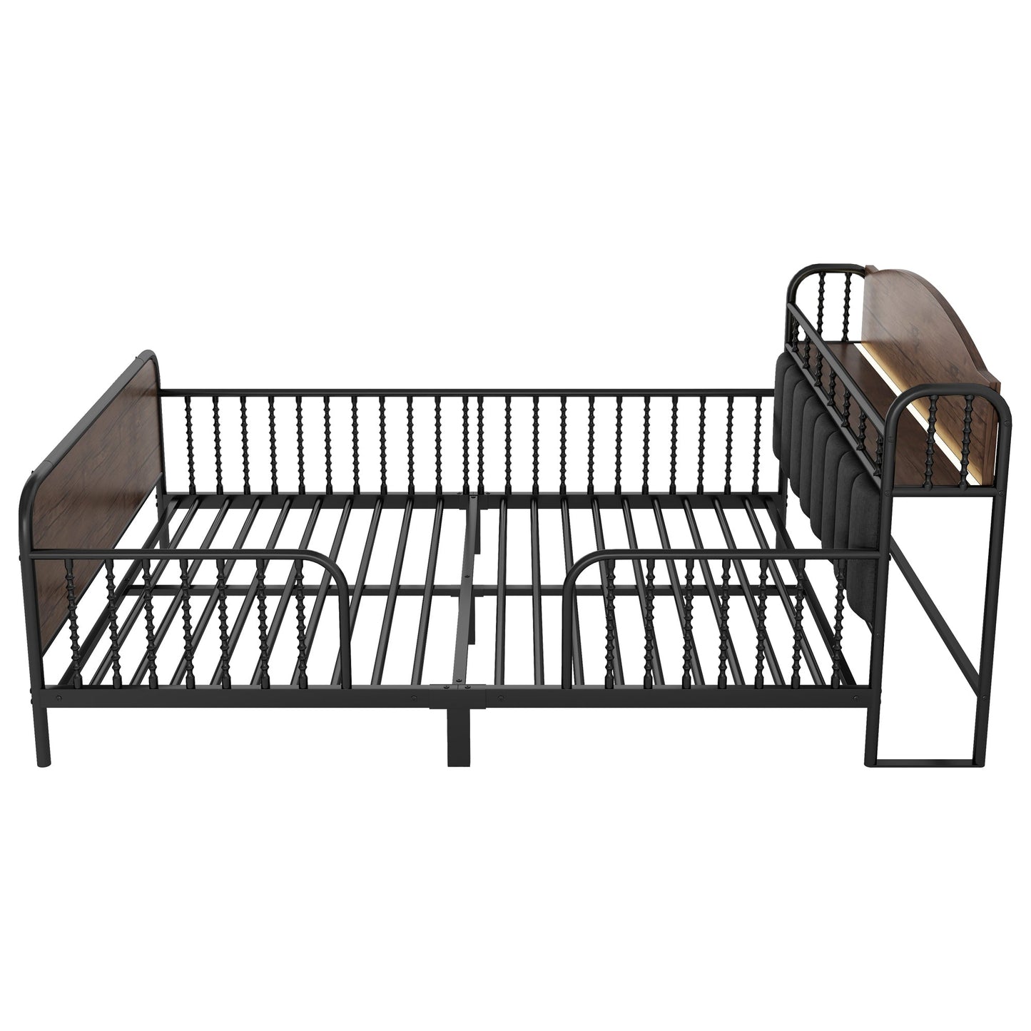 Full Size Metal Platform Bed Frame with Light, Kids Full Metal Bed with Upholstered and Storage Headboard, Black (Expect Arrival Date 2025/10/5)