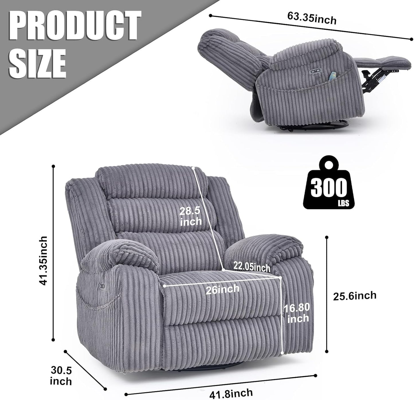 Grey Heated Massage Power Recliner With USB Port Charging