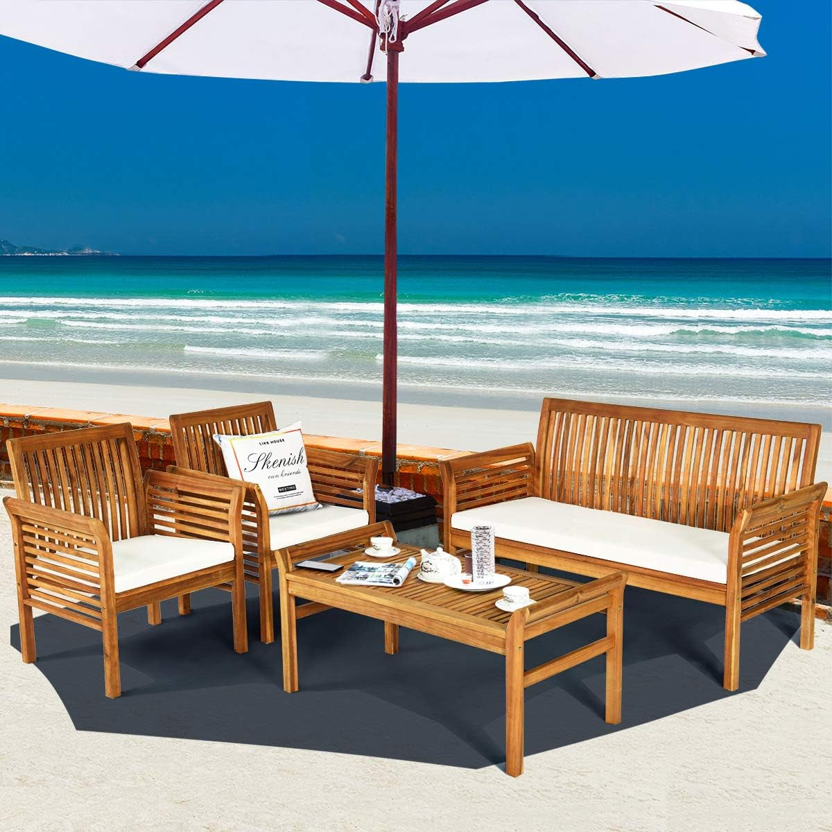 Outdoor Acacia Wood 4 Piece Sofa Set With Water Resistant Cushions Coffee Table