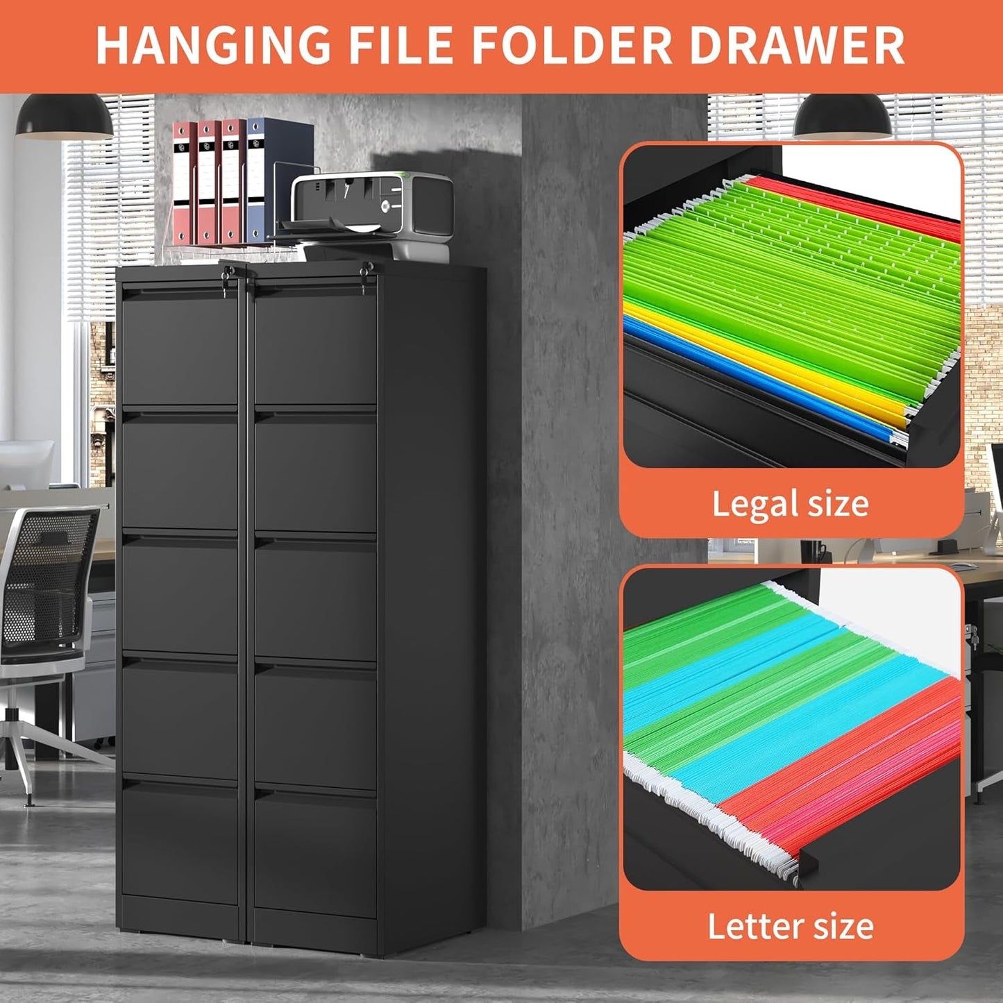 Metal 5 Drawer Vertical File Cabinet With Lock For A4 Letter Legal