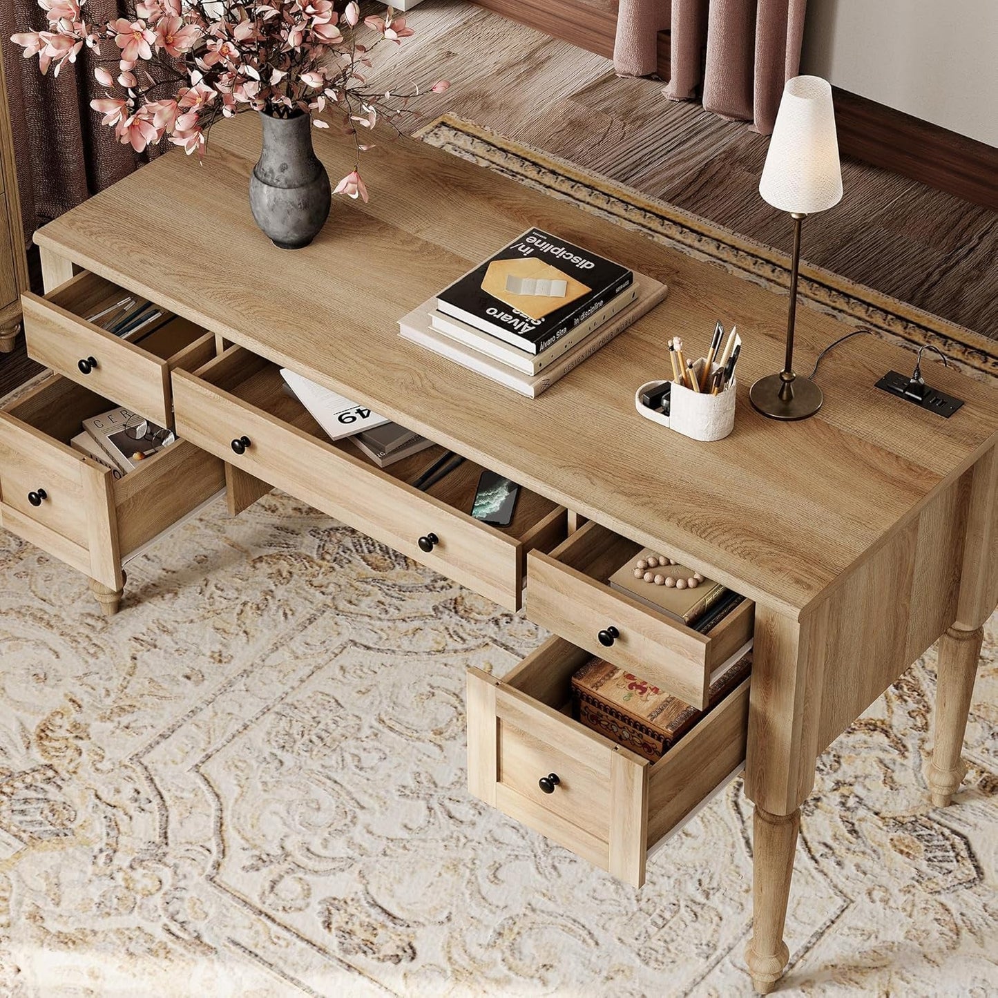 Distressed Oak 56Inch Executive Desk With Charging Station