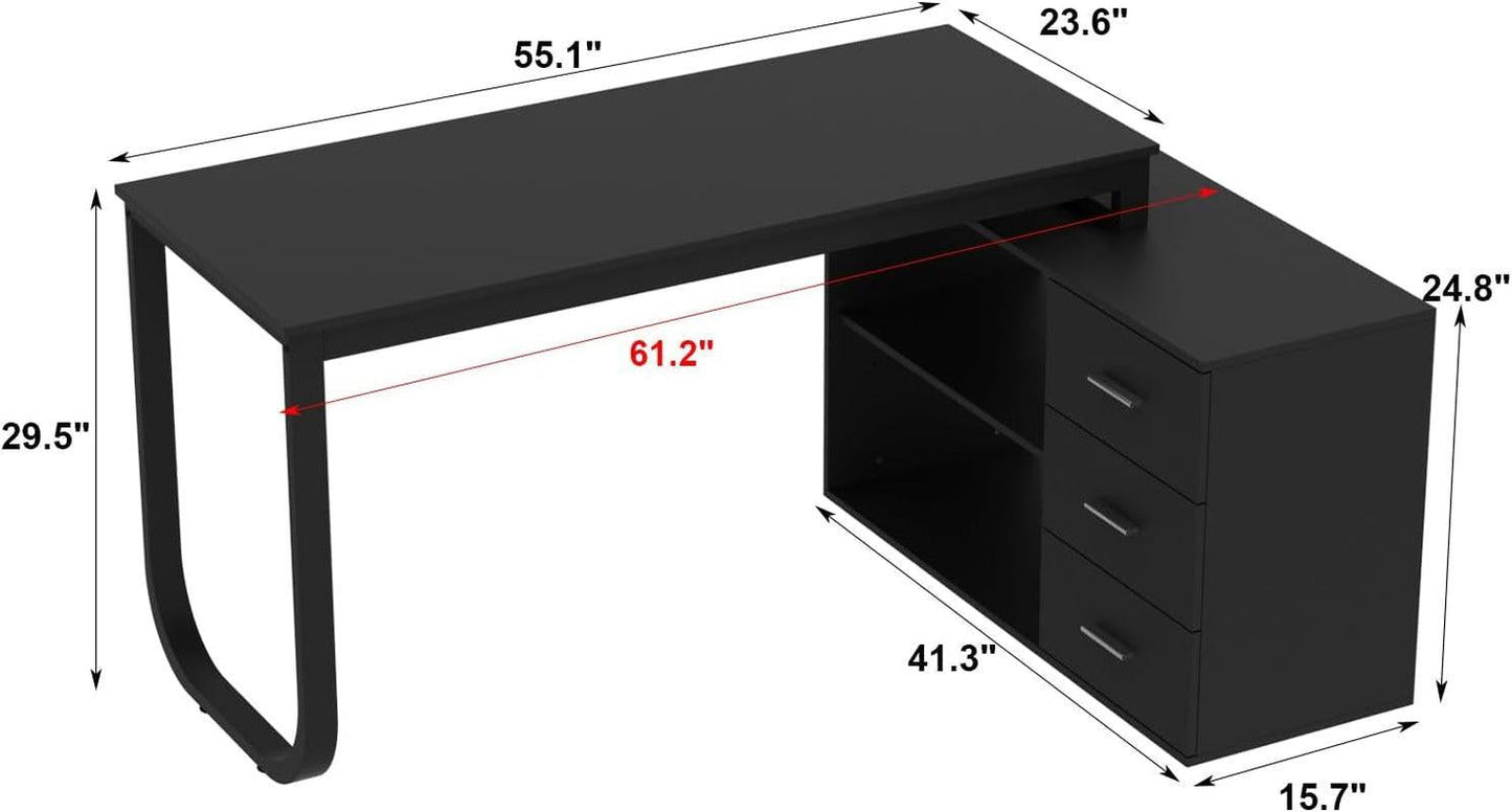 55 Inch L Shaped Computer Desk Black Storage Cabinet