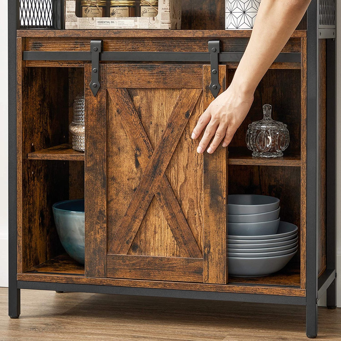 Brown Storage Cabinet with Barn Doors and Shelves