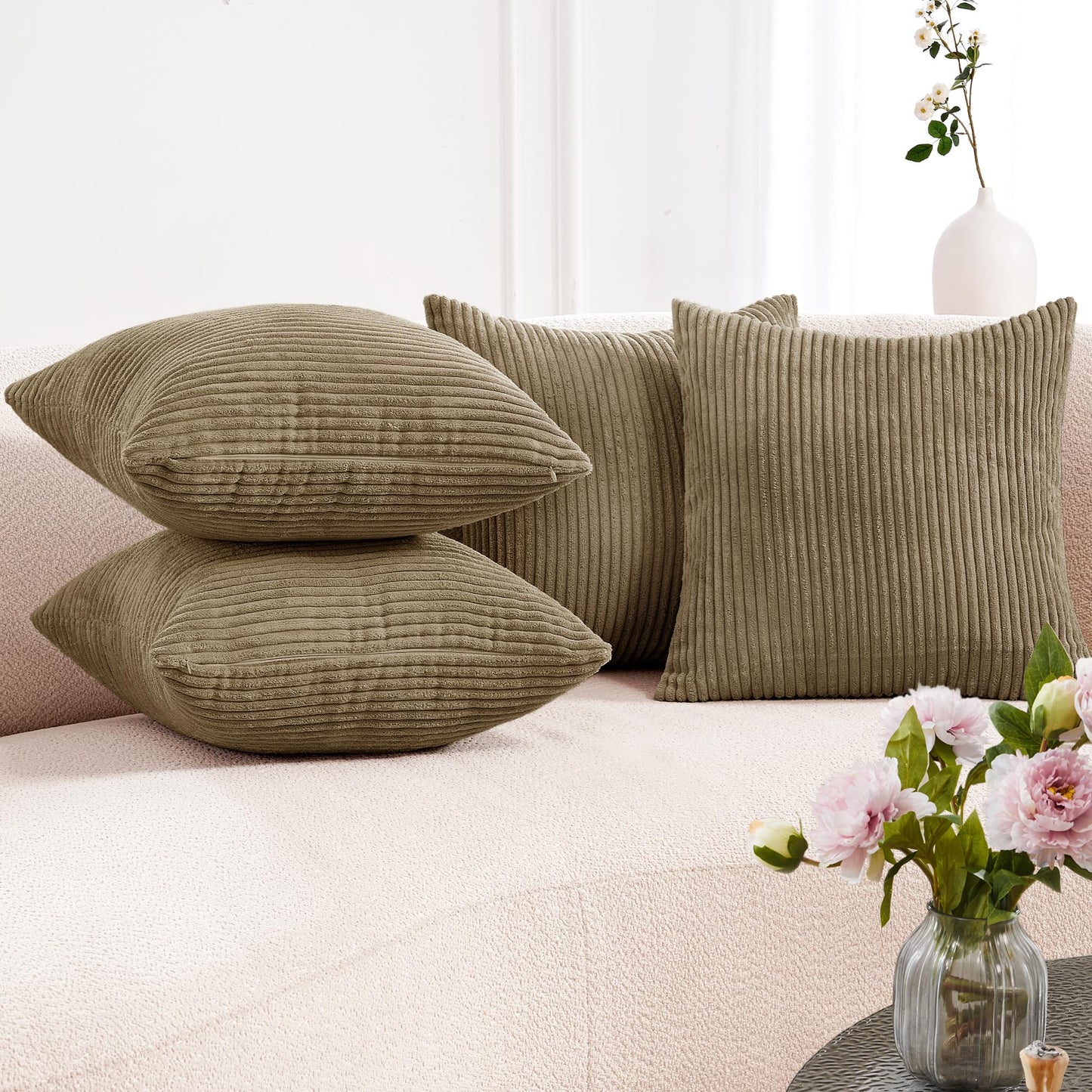 Corduroy Throw Pillow Covers, Cream White, 4PCS