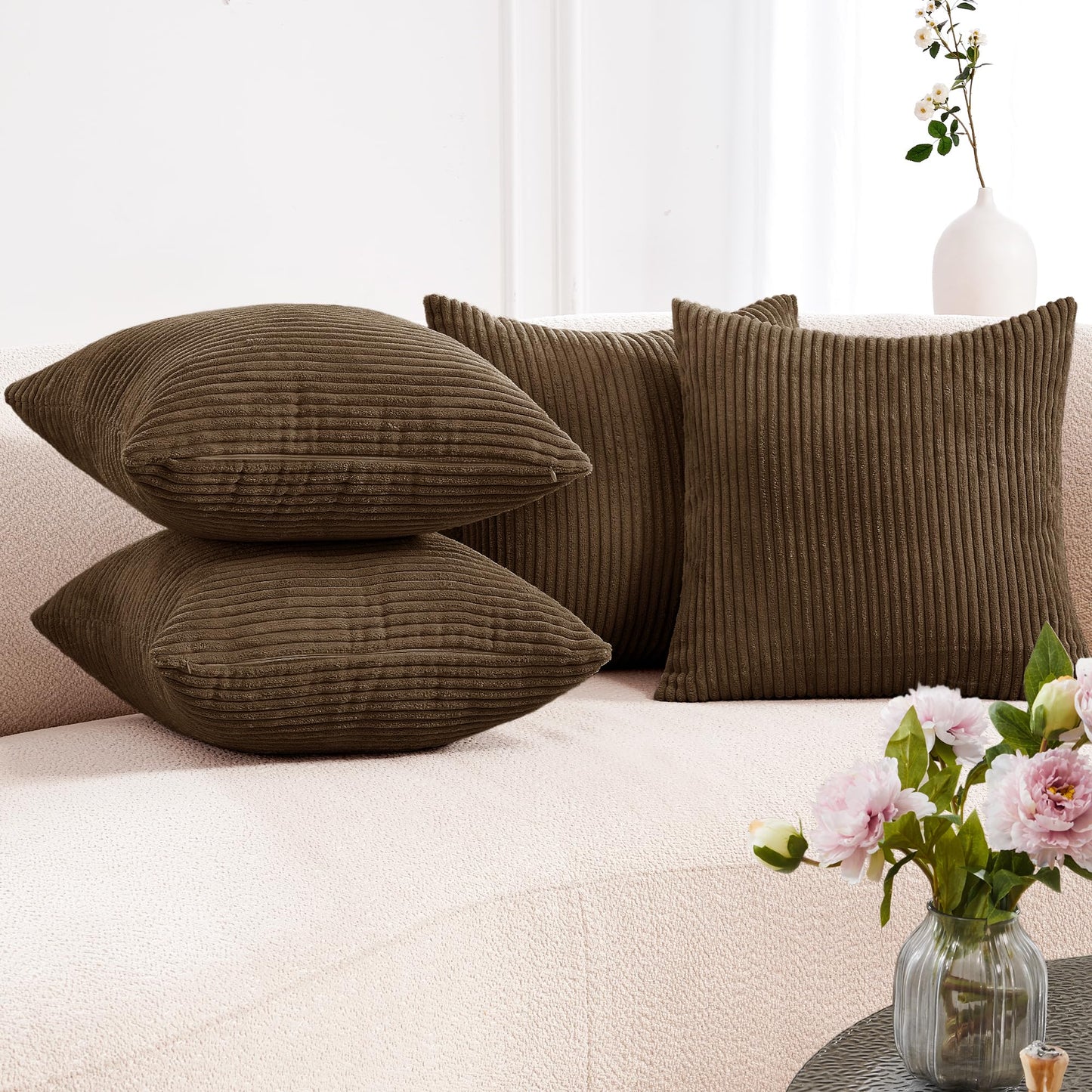 Corduroy Throw Pillow Covers, Cream White, 4PCS