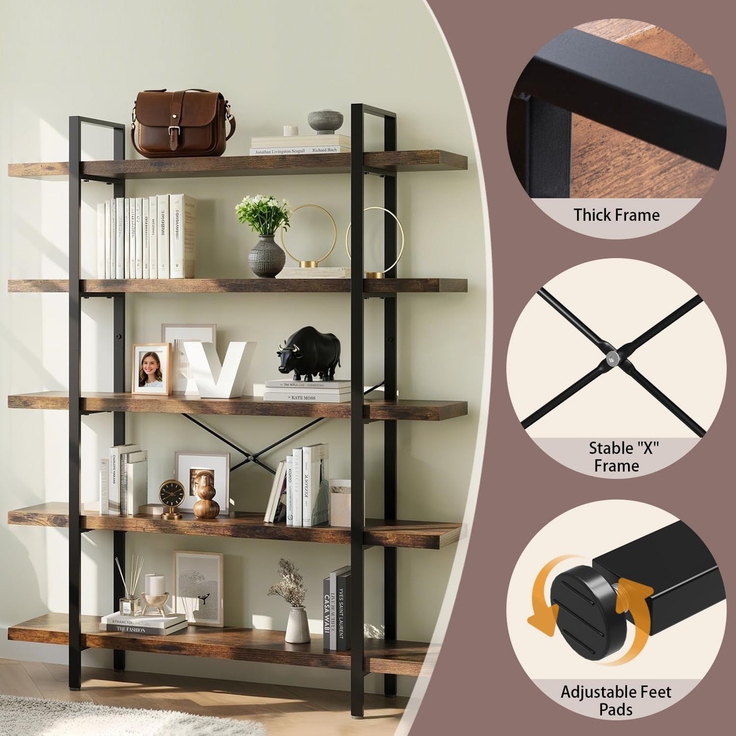 Brown 47 Inch Wide Industrial Bookcase Open Shelves