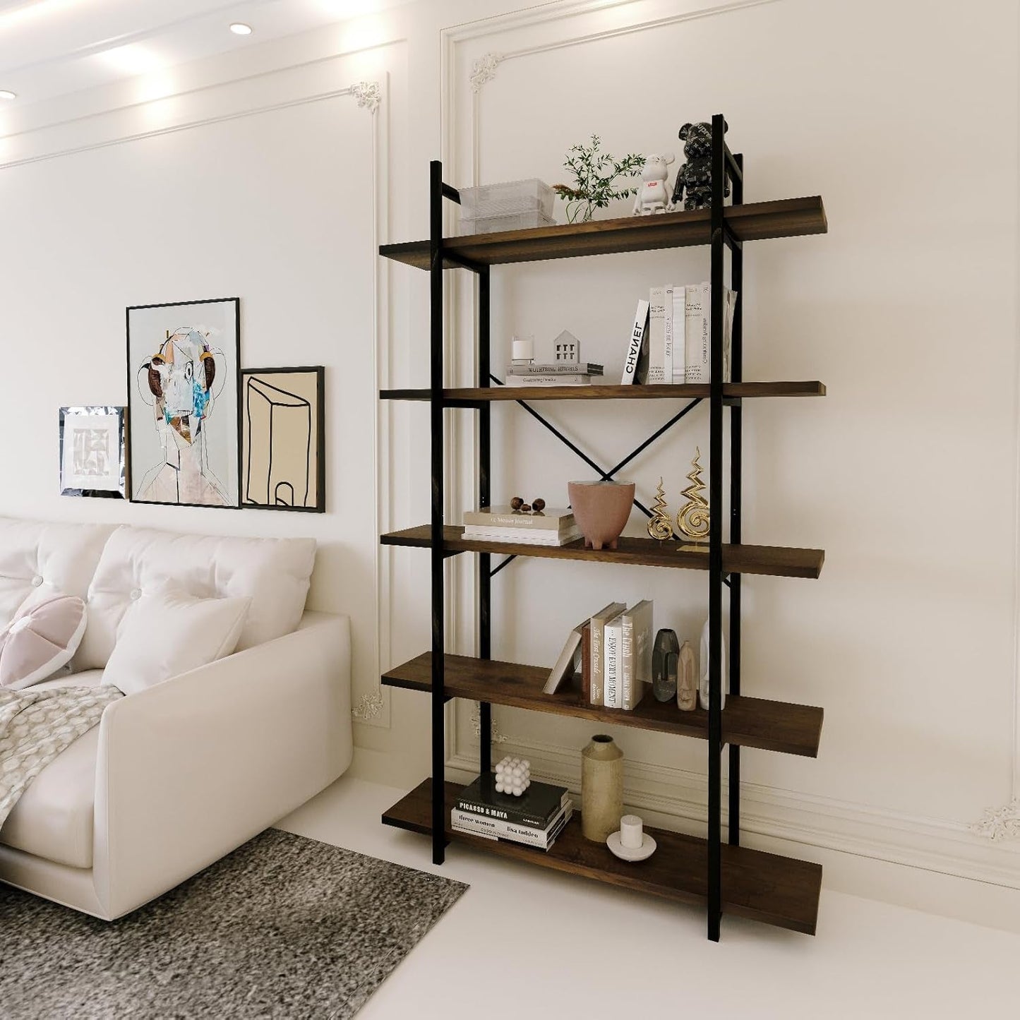 Five Tier Bookshelf Organizer Rustic Brown Metal Shelving