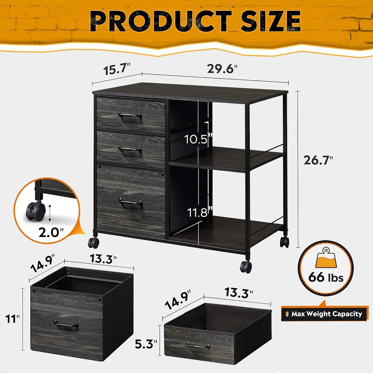 Three Drawer Mobile File Cabinet With Open Storage Shelf Charcoal Black Wood Grain