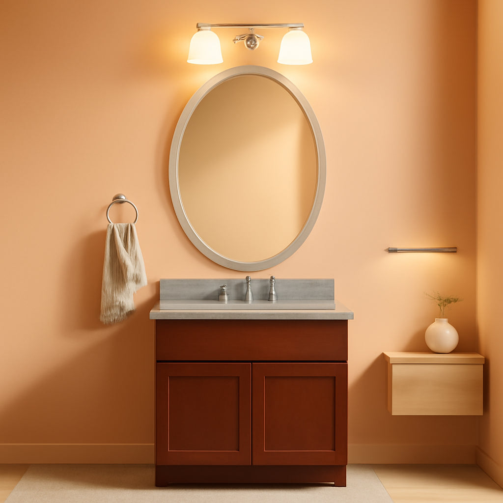 Brushed Nickel Oval Framed Vanity Mirror Beveled Edge above a modern bathroom sink with warm orange walls.