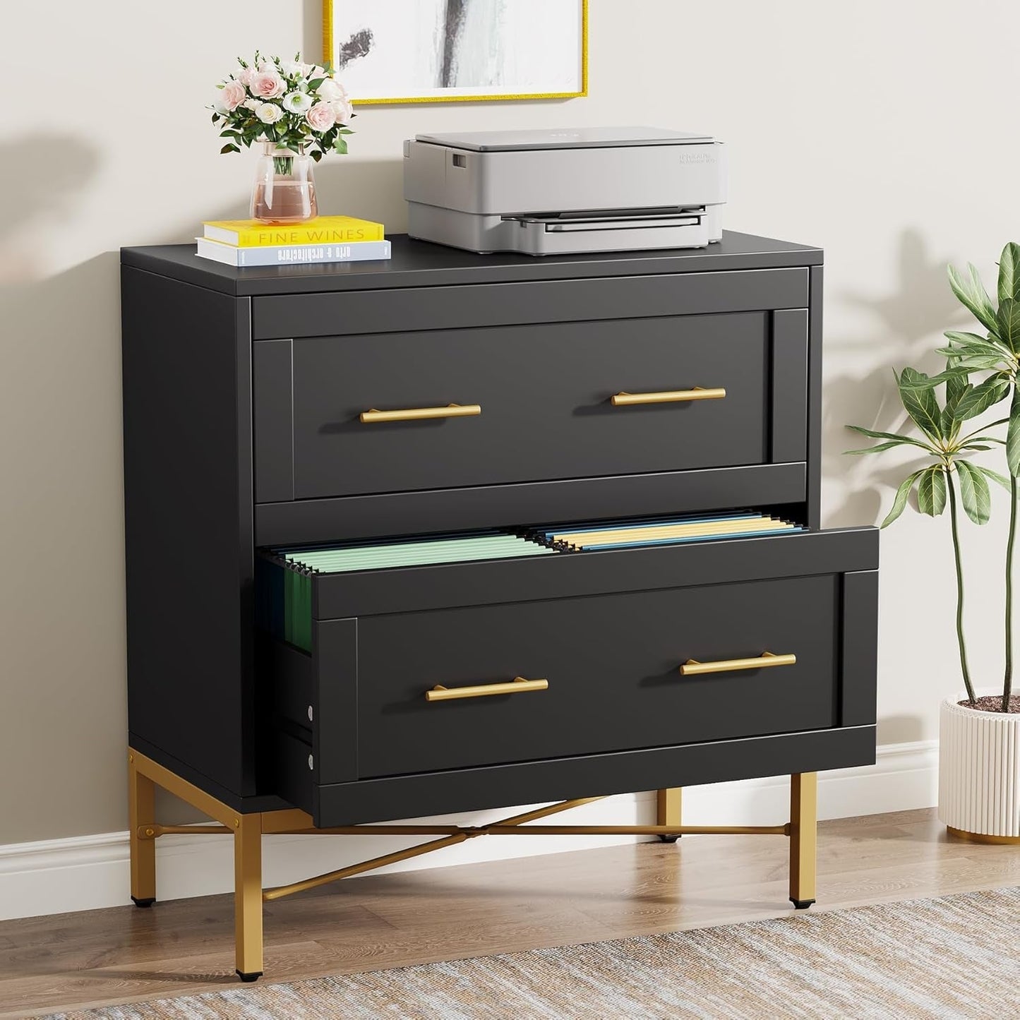 Black Gold 2 Drawer Lateral File Cabinet For Home Office