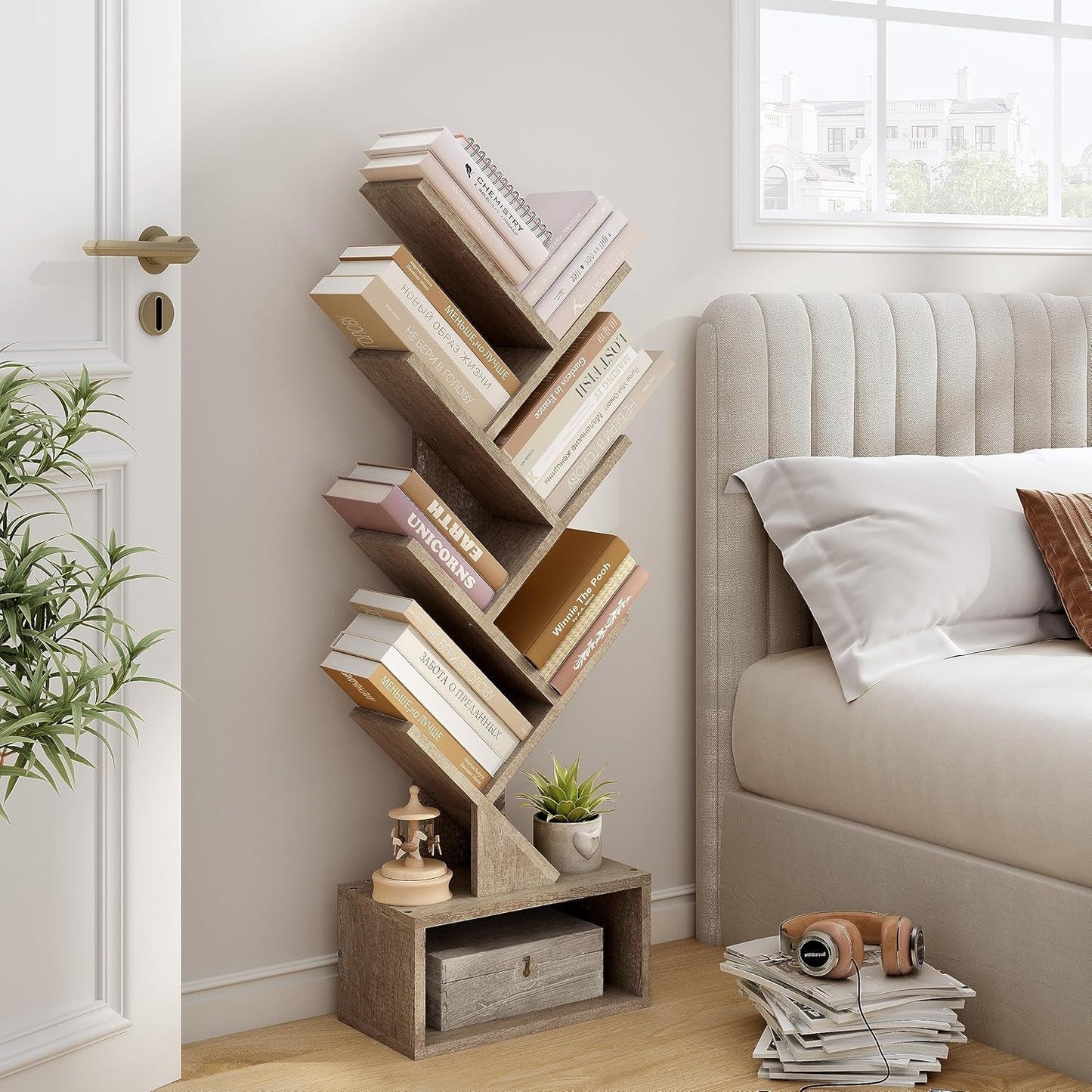 Tree Bookshelf 6 Tier Greige Freestanding Floor Display