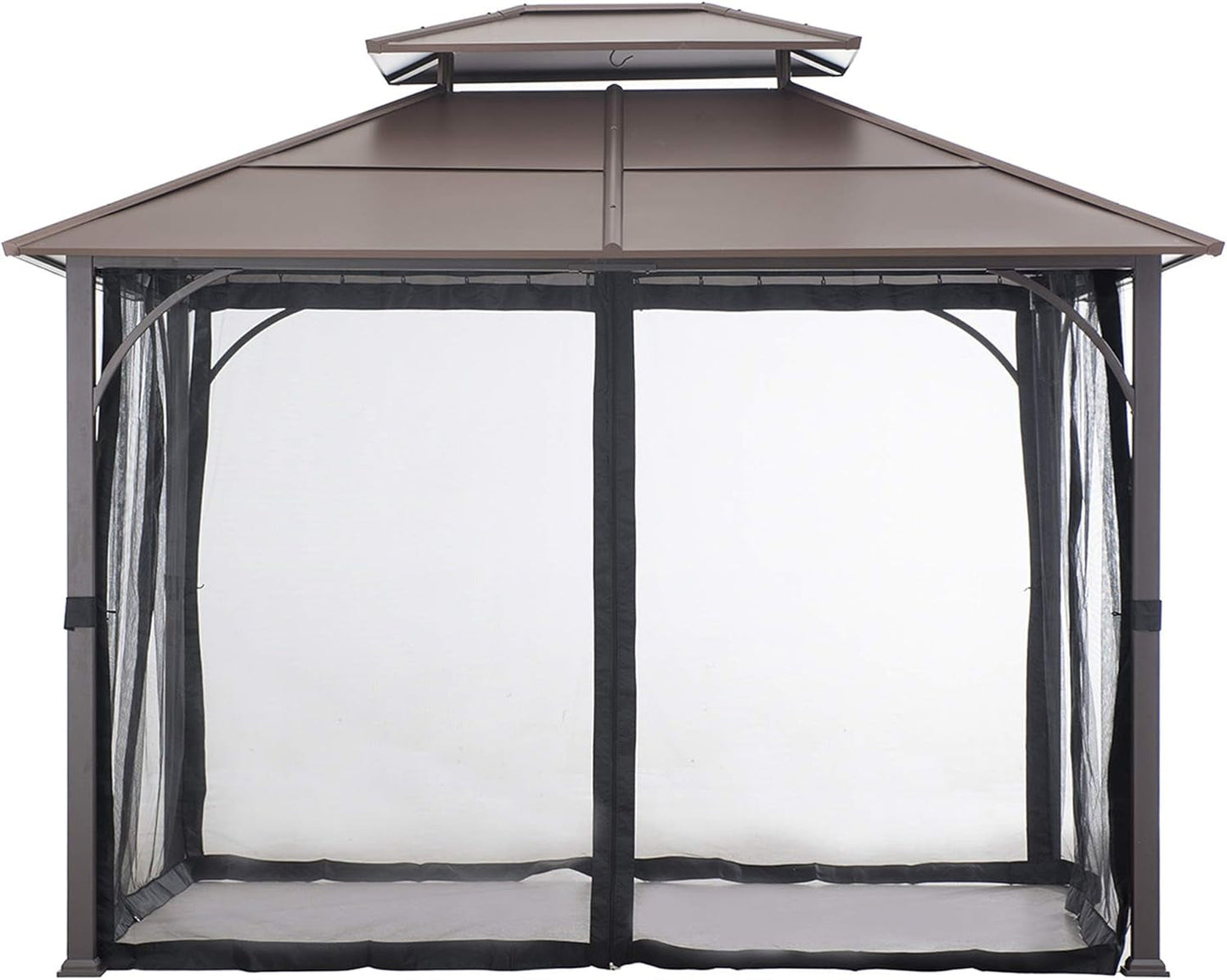 10x12 Brown Hardtop Gazebo With Steel Frame And Netting For Outdoor Patio Garden Canopy Shelter