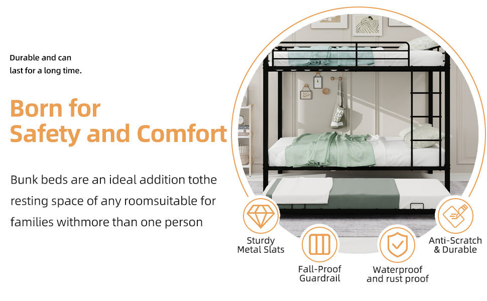 Durable Square Tube Iron Bunk Bed Featuring Safety Rails