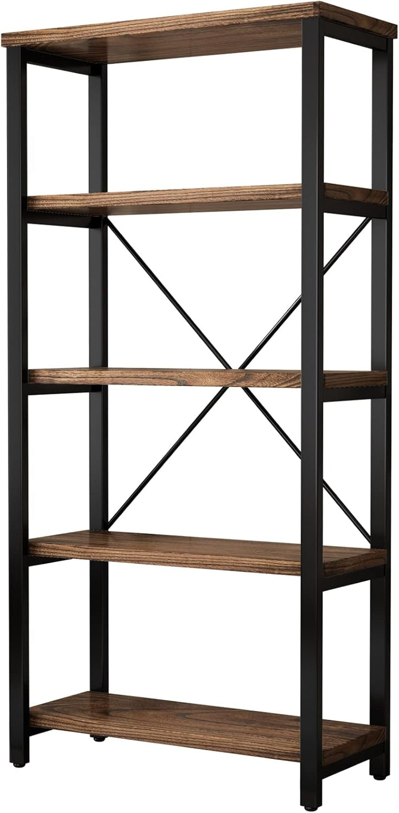5 Tier Industrial Solid Wood Bookcase With Metal Frame