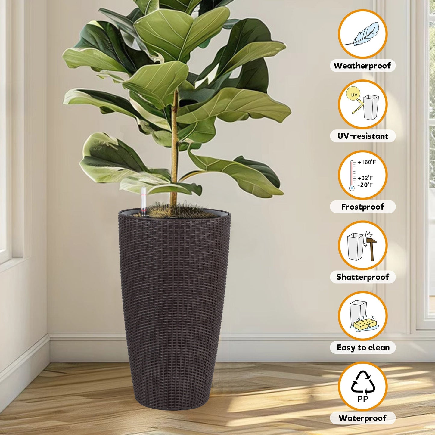Set of 2 Faux Rattan Tall Planters with Automatic Watering