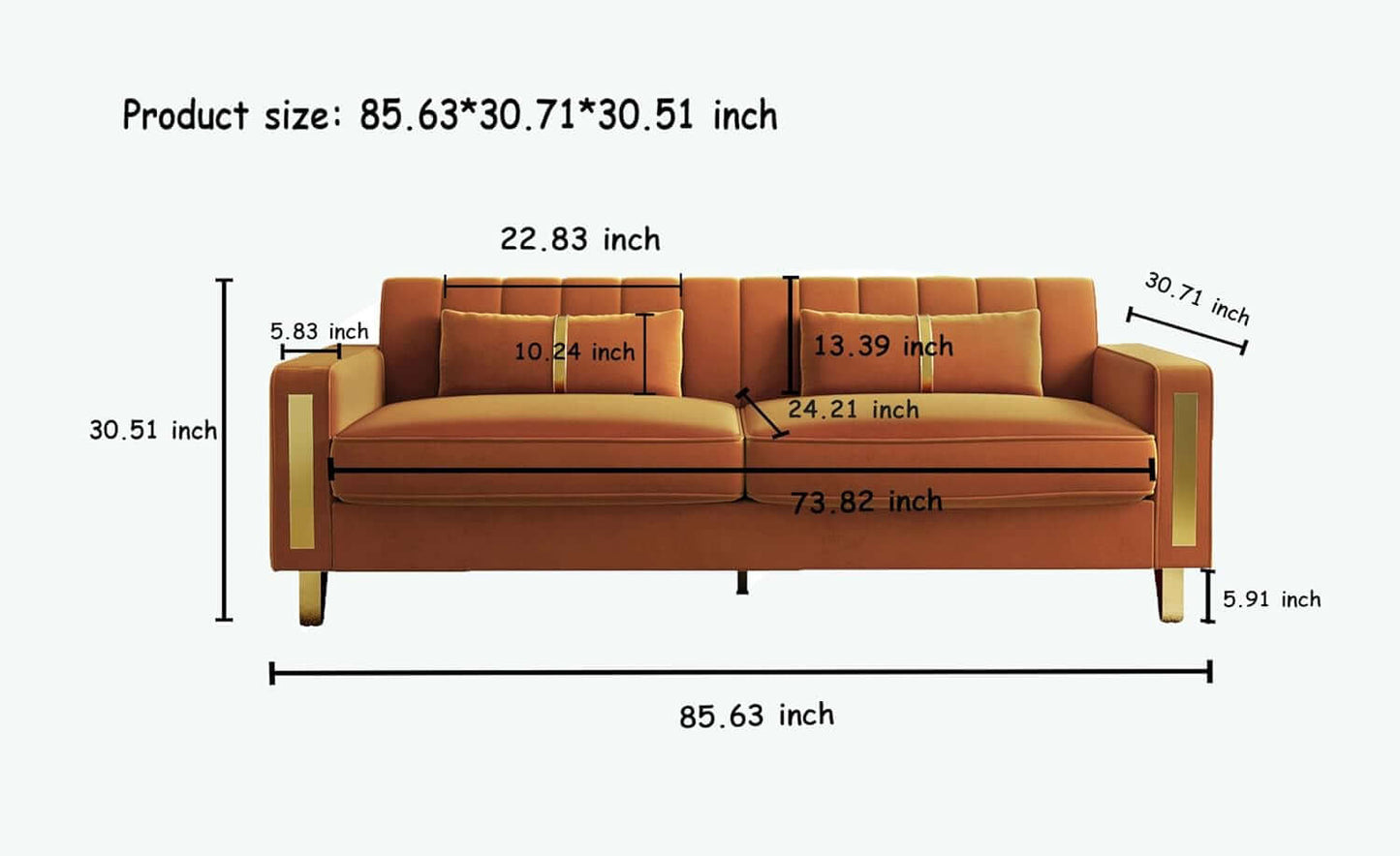 2 Piece Orange Velvet Loveseat Couch Set With Gold Metal Legs 86 Inch Living Room Sofa With 4 Pillows