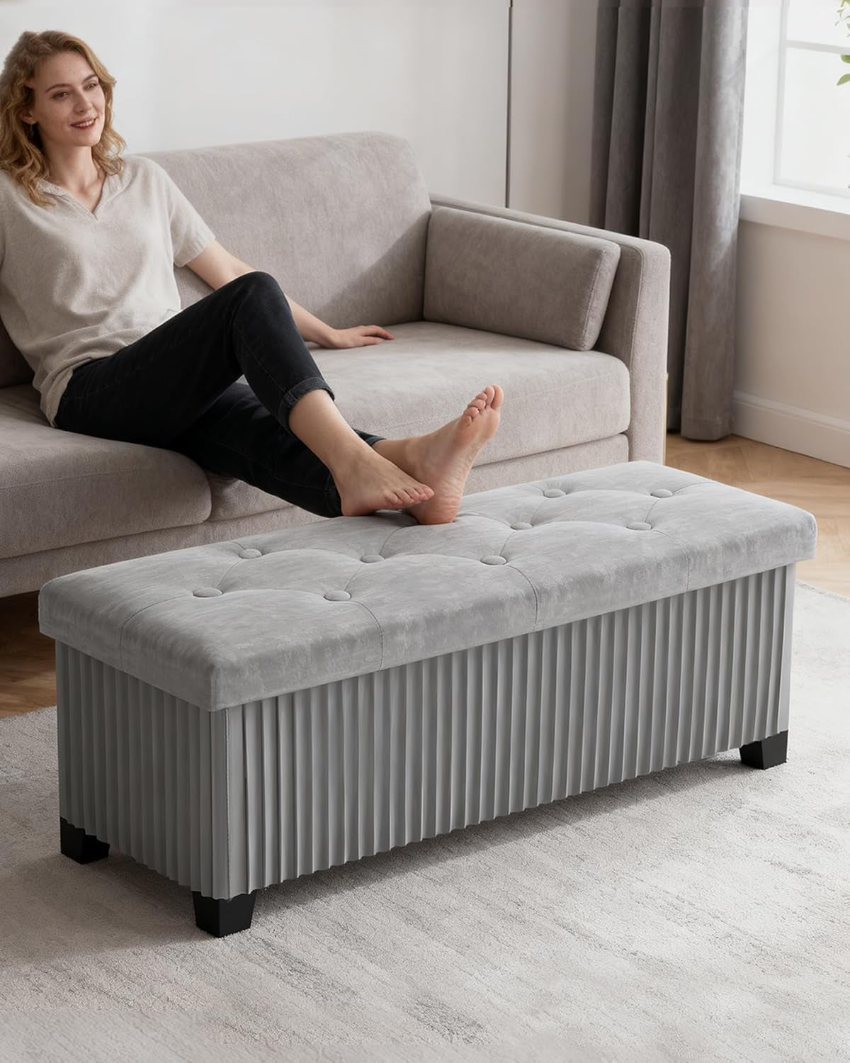 43 Inch Luxurious Velvet Storage Ottoman Bench Grey