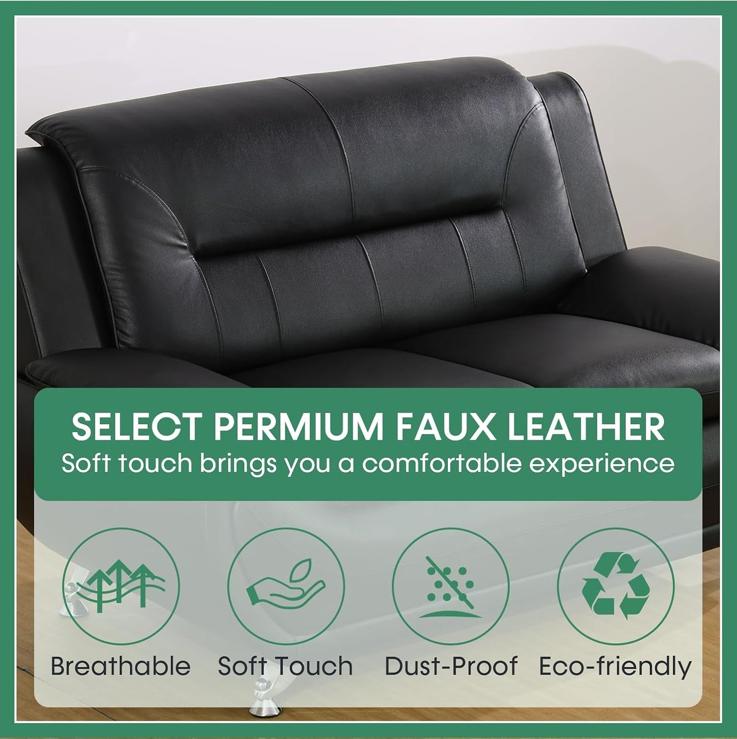 Leather Sofa Set 3 Piece Black Living Room Furniture