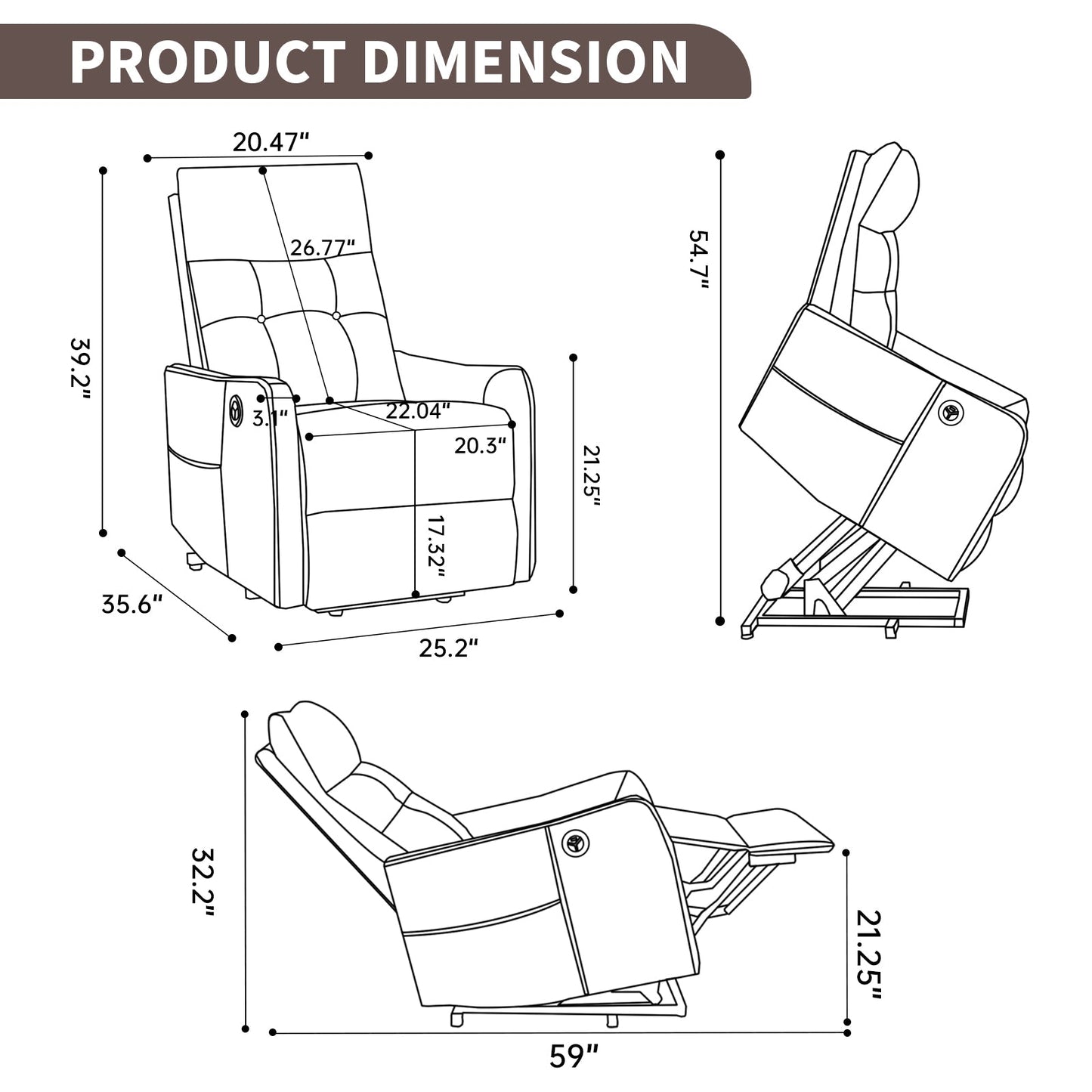 Brown PU Single Motor Power Lift Recliner Chair