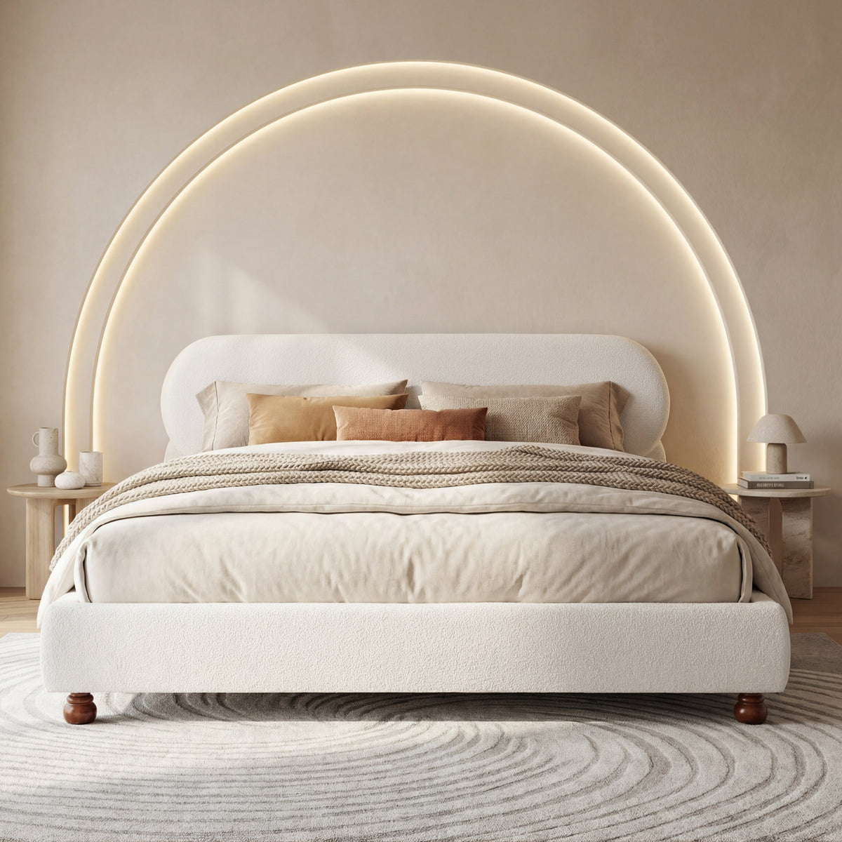 Cream-Colored Boucle Upholstered Bed with Rubber Wood Foot - King