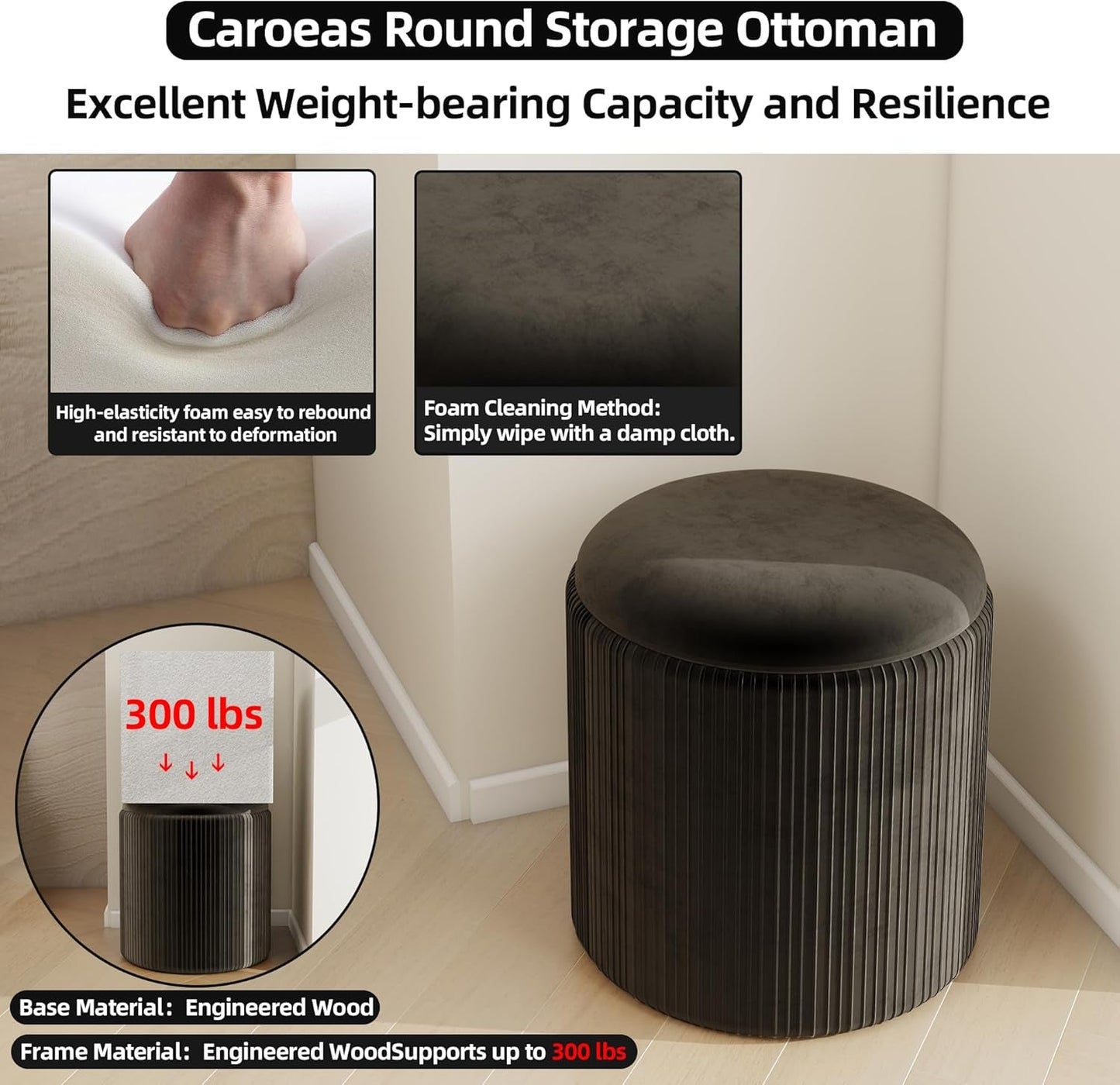 Round Velvet Storage Ottoman Black Lacquered Finish