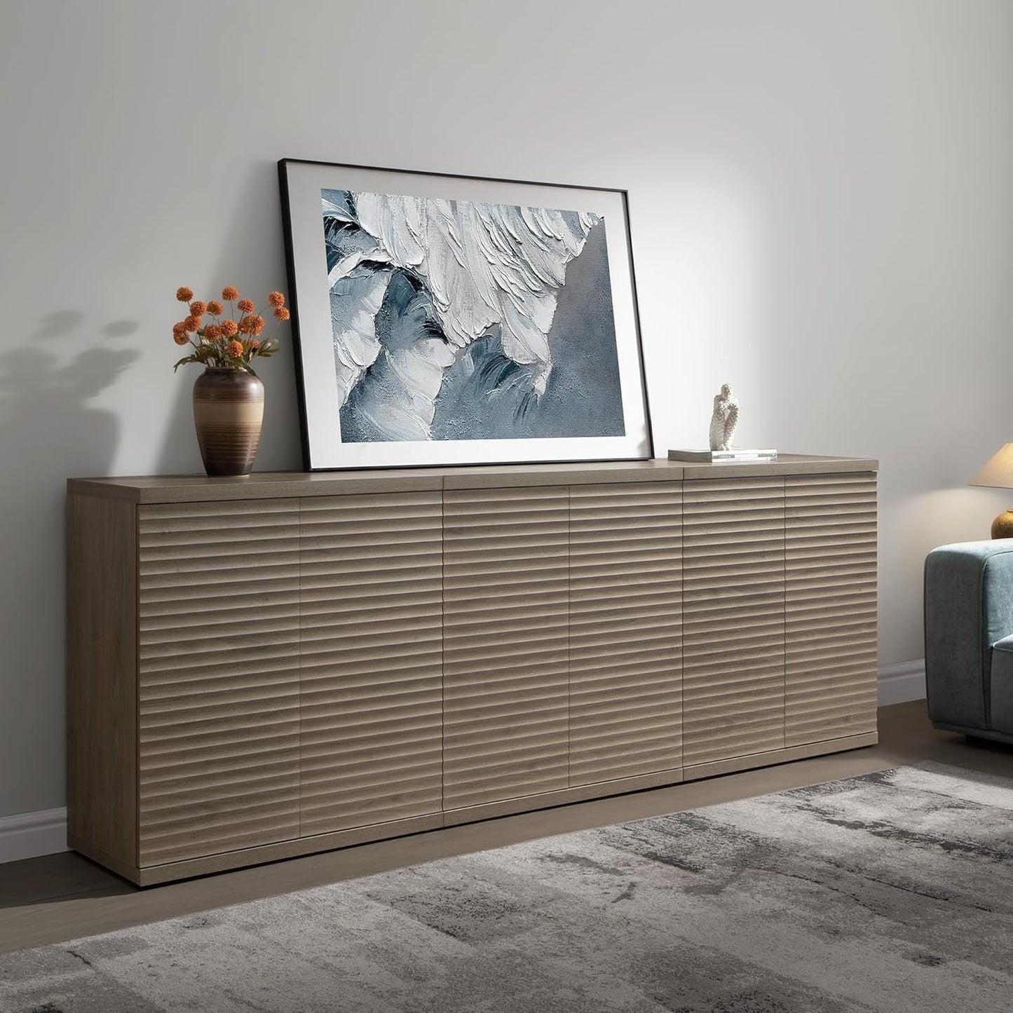 Modern Buffet Cabinet With Wave Panel Doors Large Storage