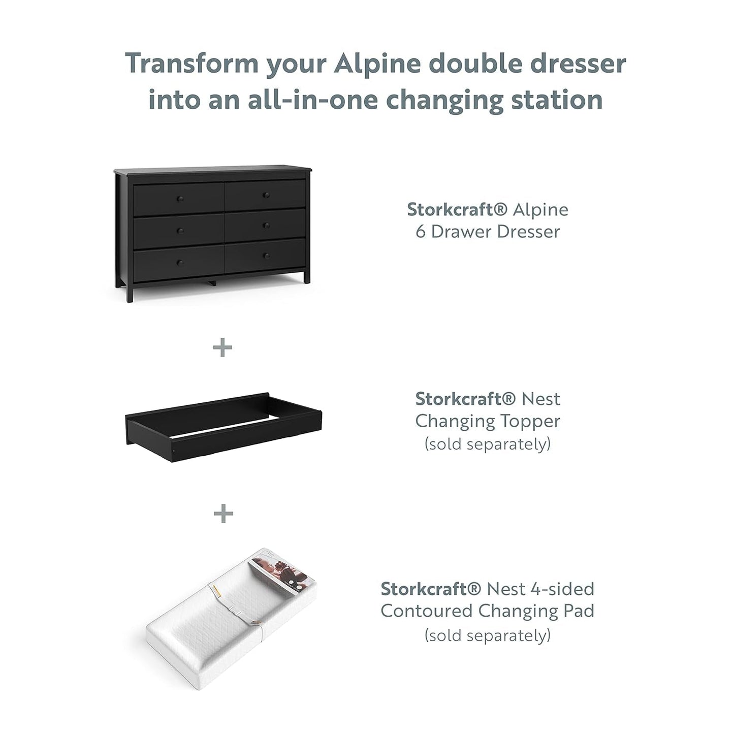 Alpine 6 Drawer Dresser Black GREENGUARD Gold Certified Nursery Furniture