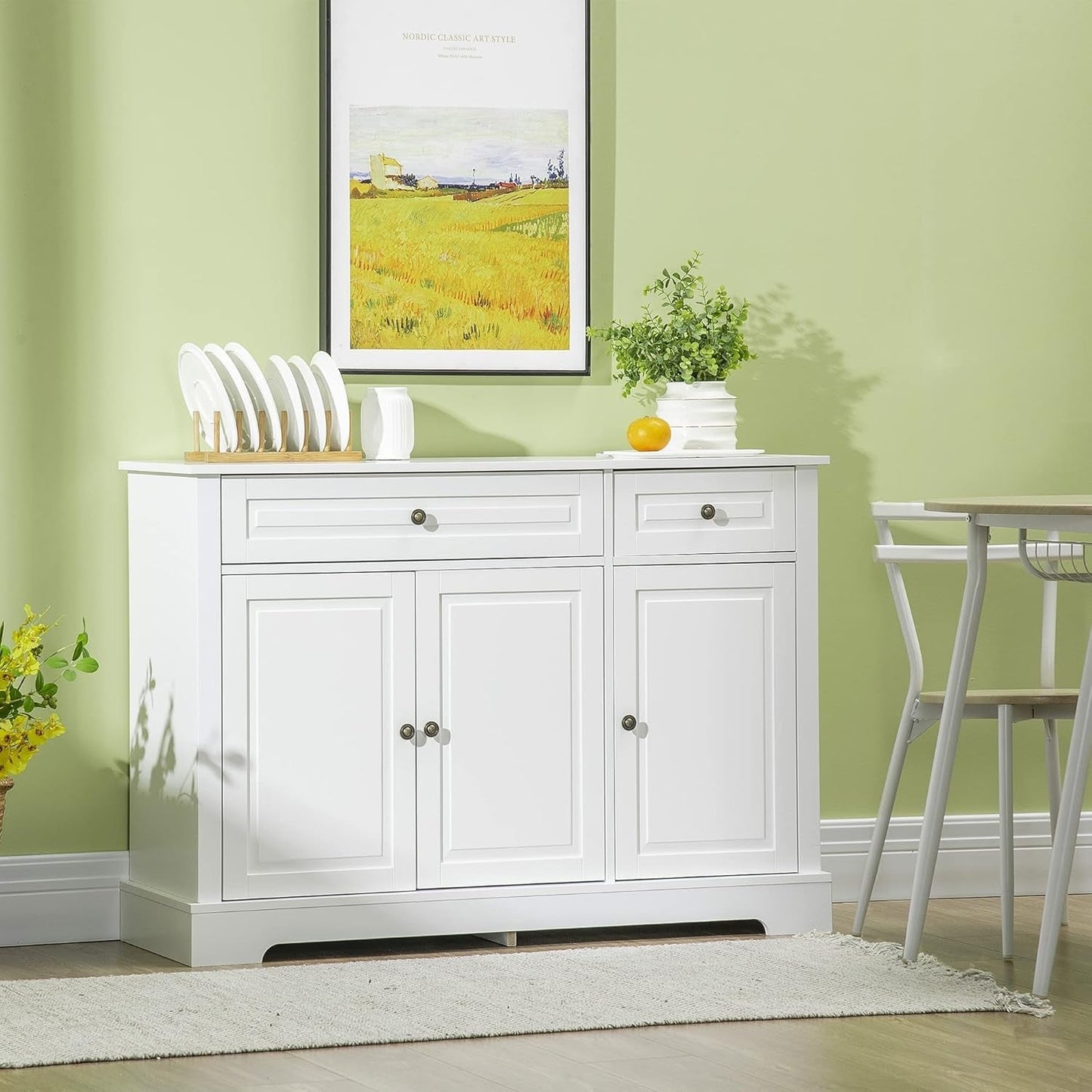 White Sideboard Buffet Cabinet with 2 drawers and shelves, perfect for dining storage and stylish display.
