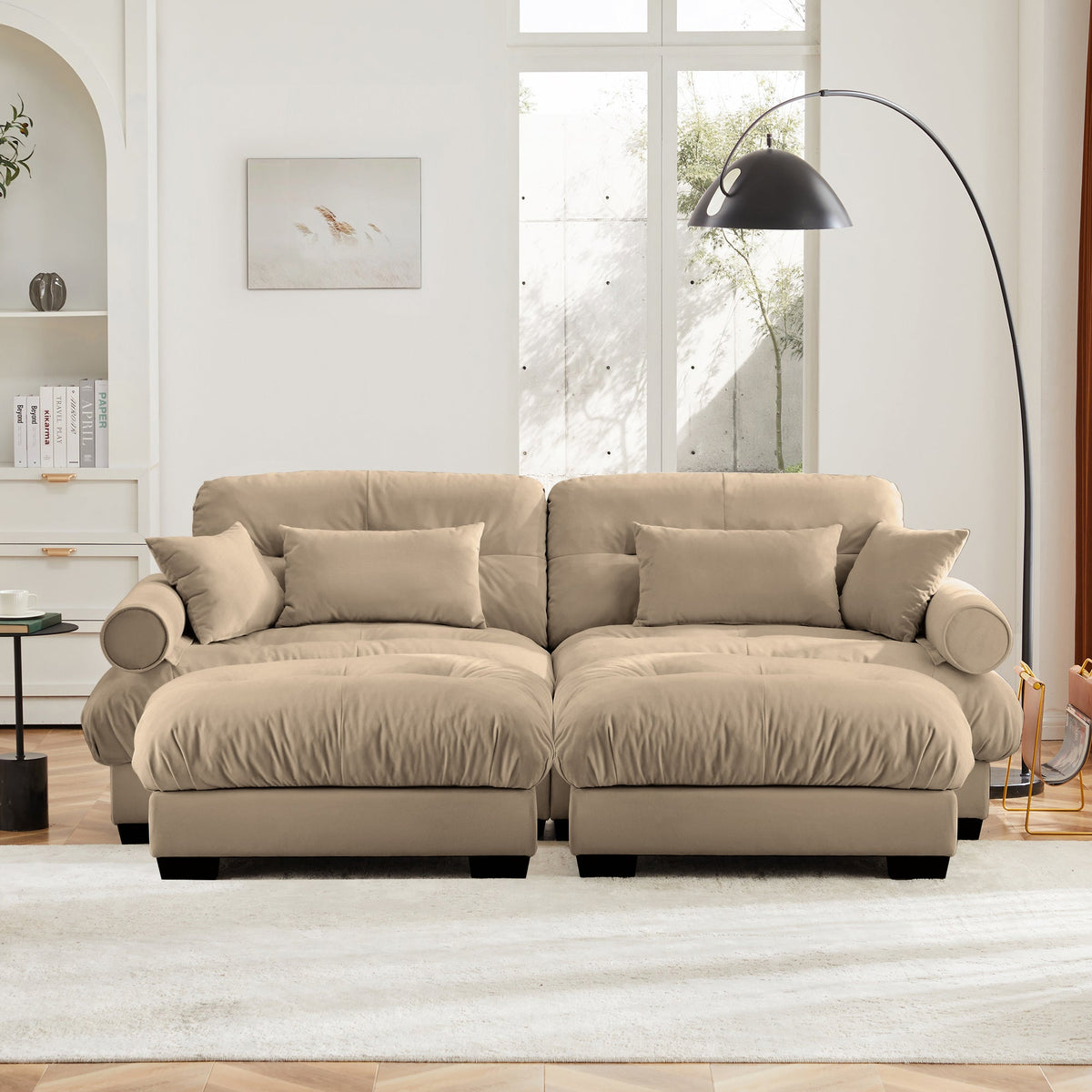 Modern Two-Seater Sofa with Ottoman, Velvet 2-Seater