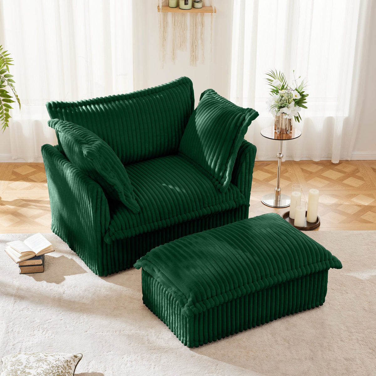 Upholstered Slipcovered Armchair with Ottoman Set of 2