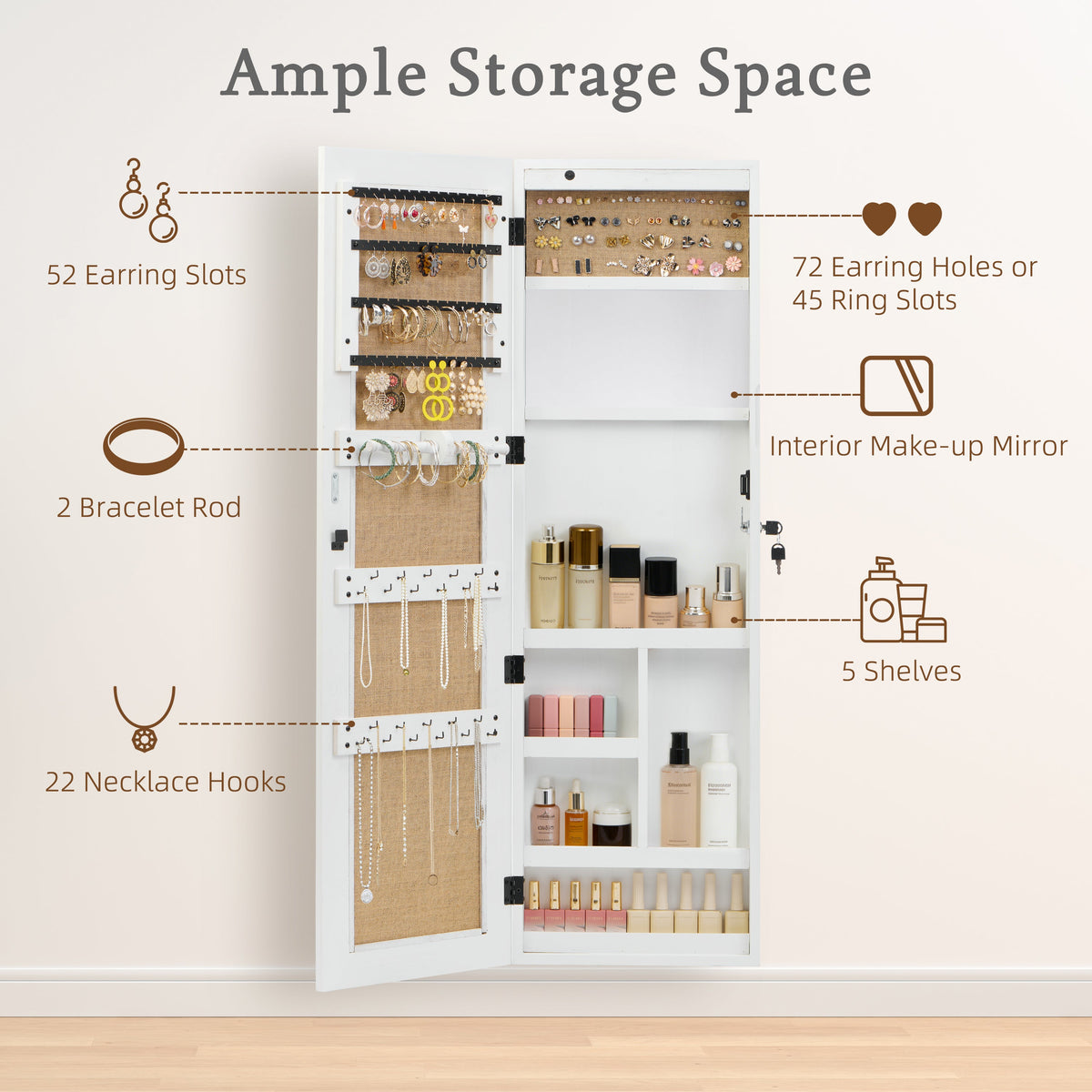Solid Wood Jewelry Armoire Organizer Cabinet with Full-Length Mirror