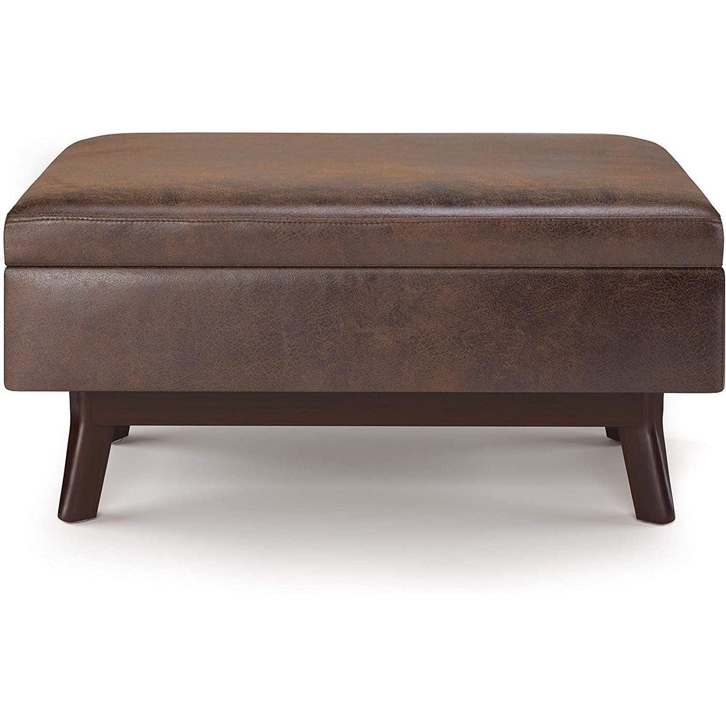 Mid Century Storage Ottoman 36W Chestnut Faux Leather