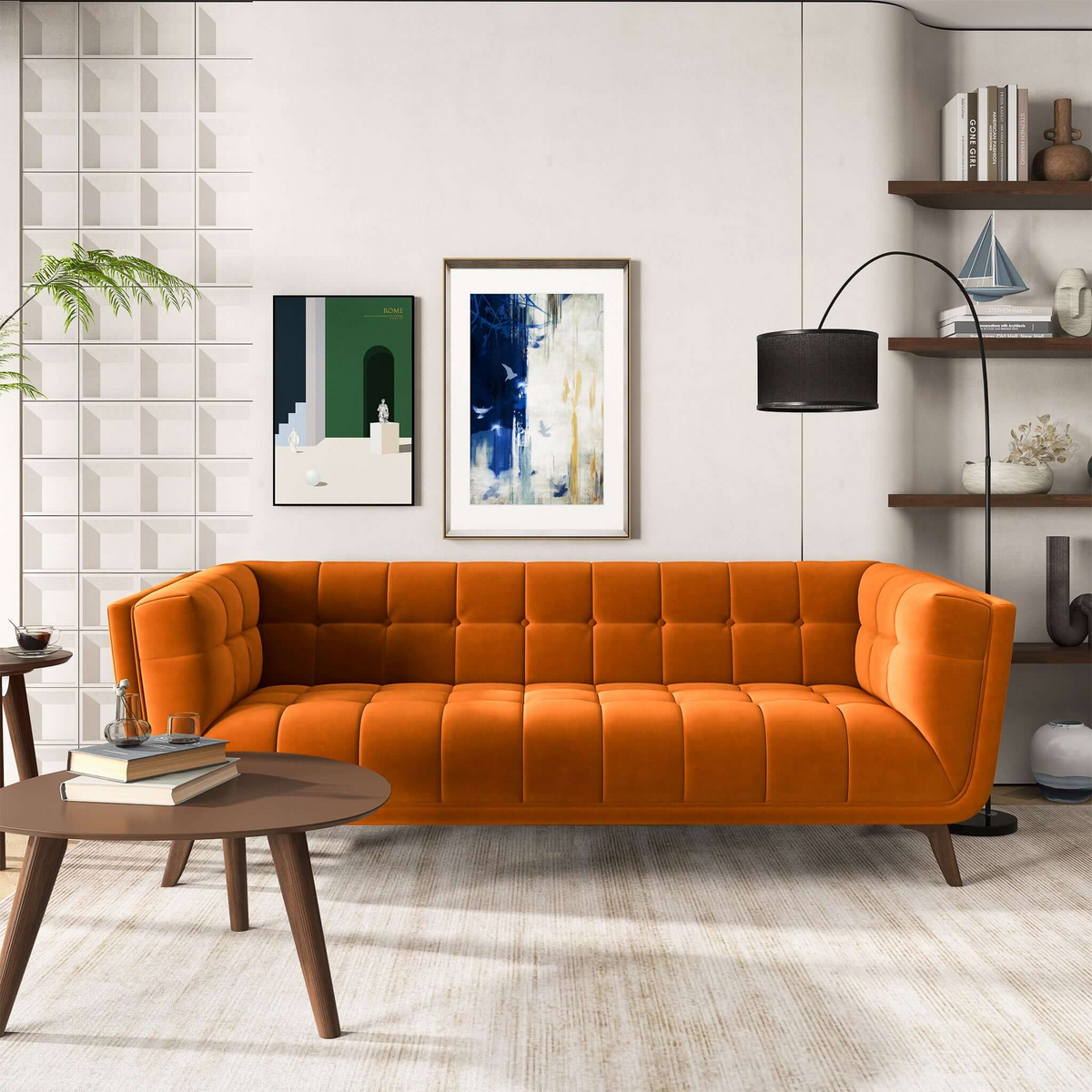 Addison Mid-Century Modern Velvet Sofa in Burnt-Orange