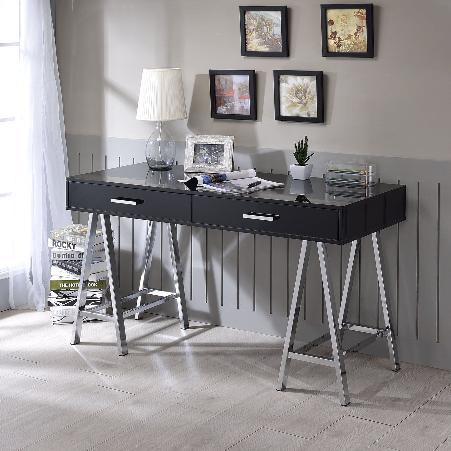 2 Drawers Writing Desk with Metal Base, Black High Gloss and Chrome