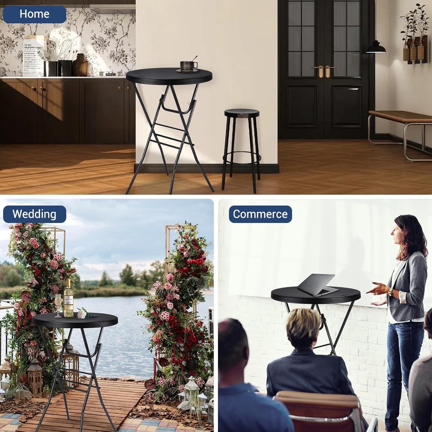 Black Twenty-Eight Inch High Top Foldable Removable Locking Legs Cocktail Table