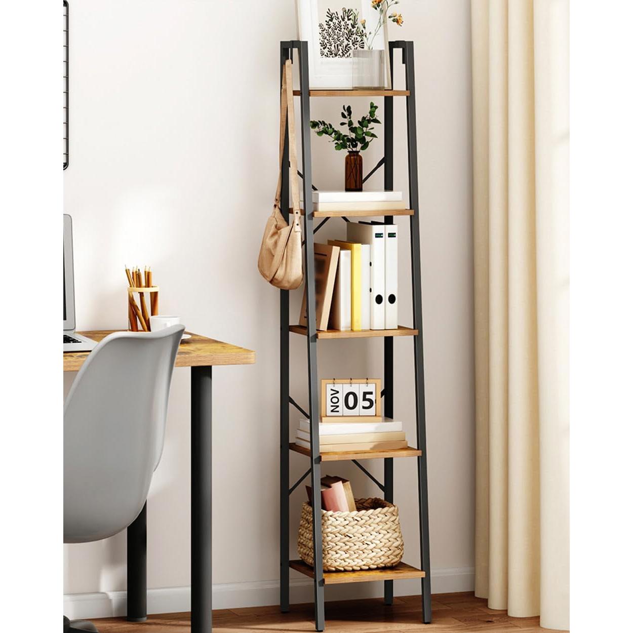 Ladder Shelf Bookcase 5 Tier Rustic Brown Freestanding