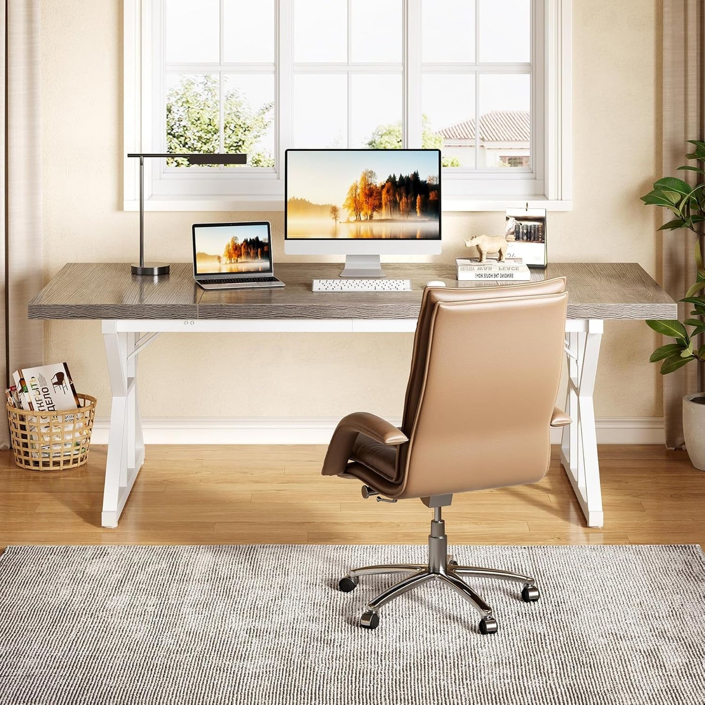 70.8 Inch Modern Executive Desk Grey White Home Office