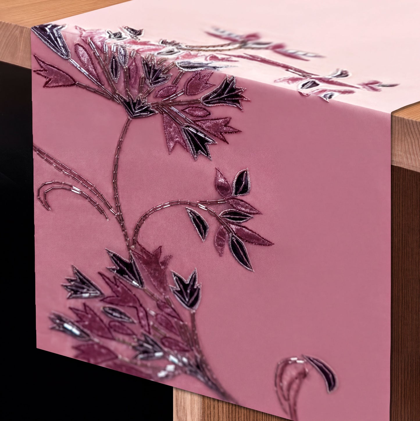 Decorative Table Runner - Embroidered Satin Backing Indoor Outdoor Table Decor