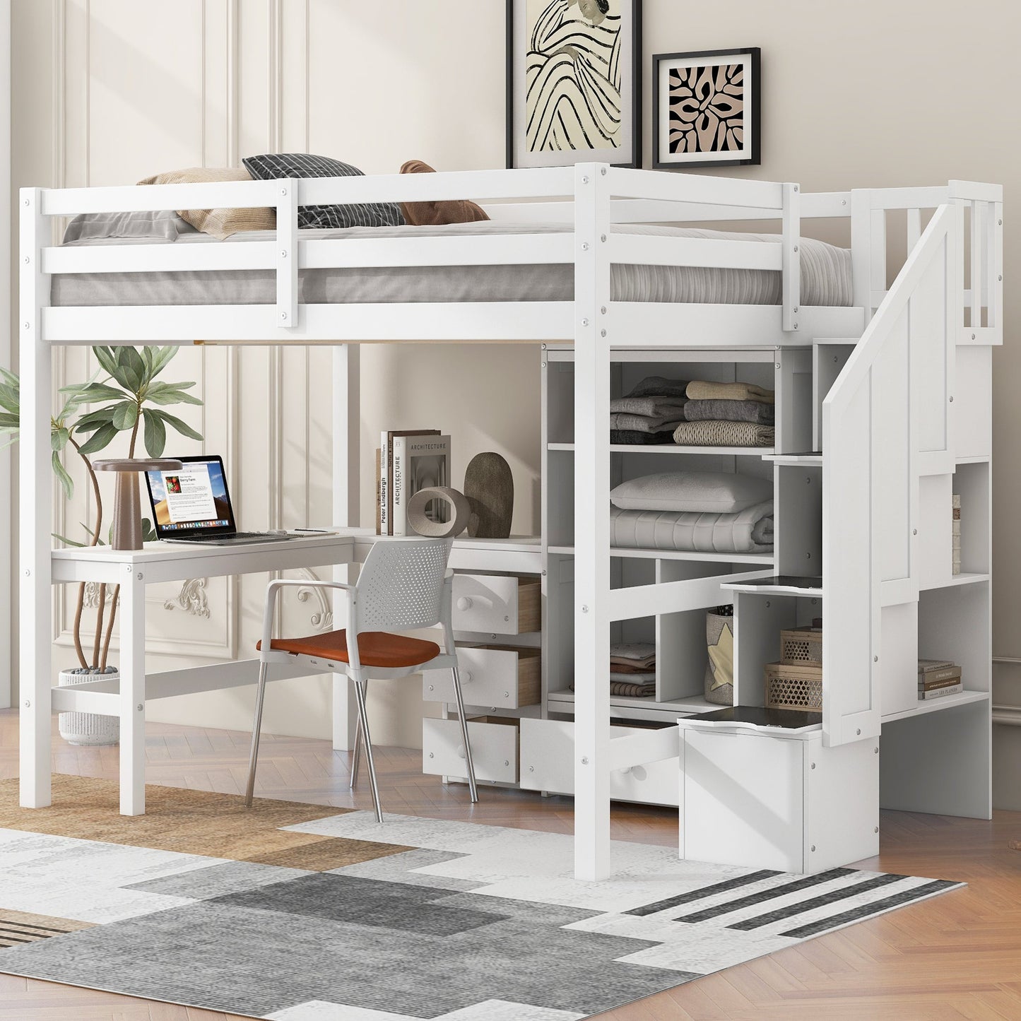 Full Size Loft Bed with L-Shaped Desk and Drawers